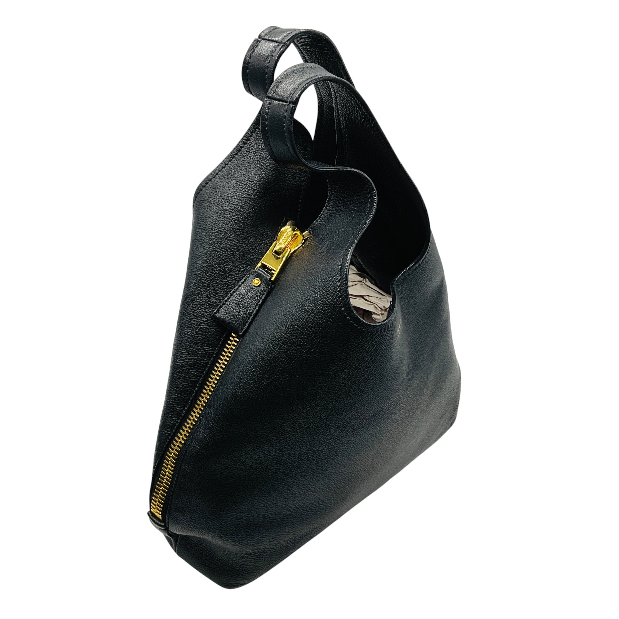 Tom Ford Black / Gold Zipper Detail Grained Leather Hobo Bag