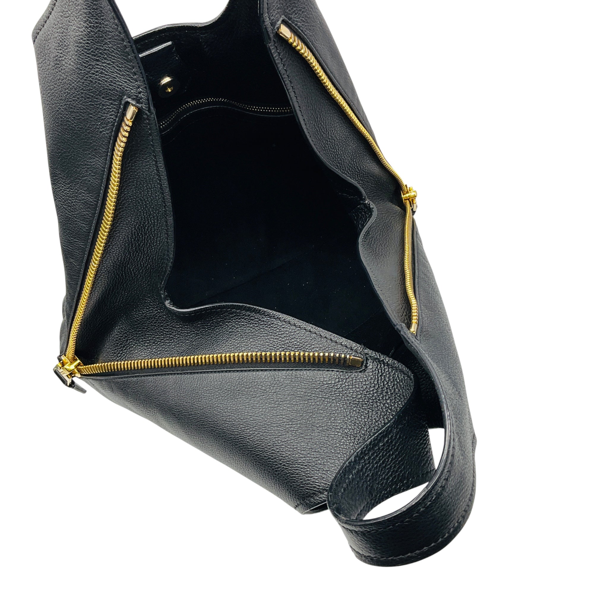 Tom Ford Black / Gold Zipper Detail Grained Leather Hobo Bag