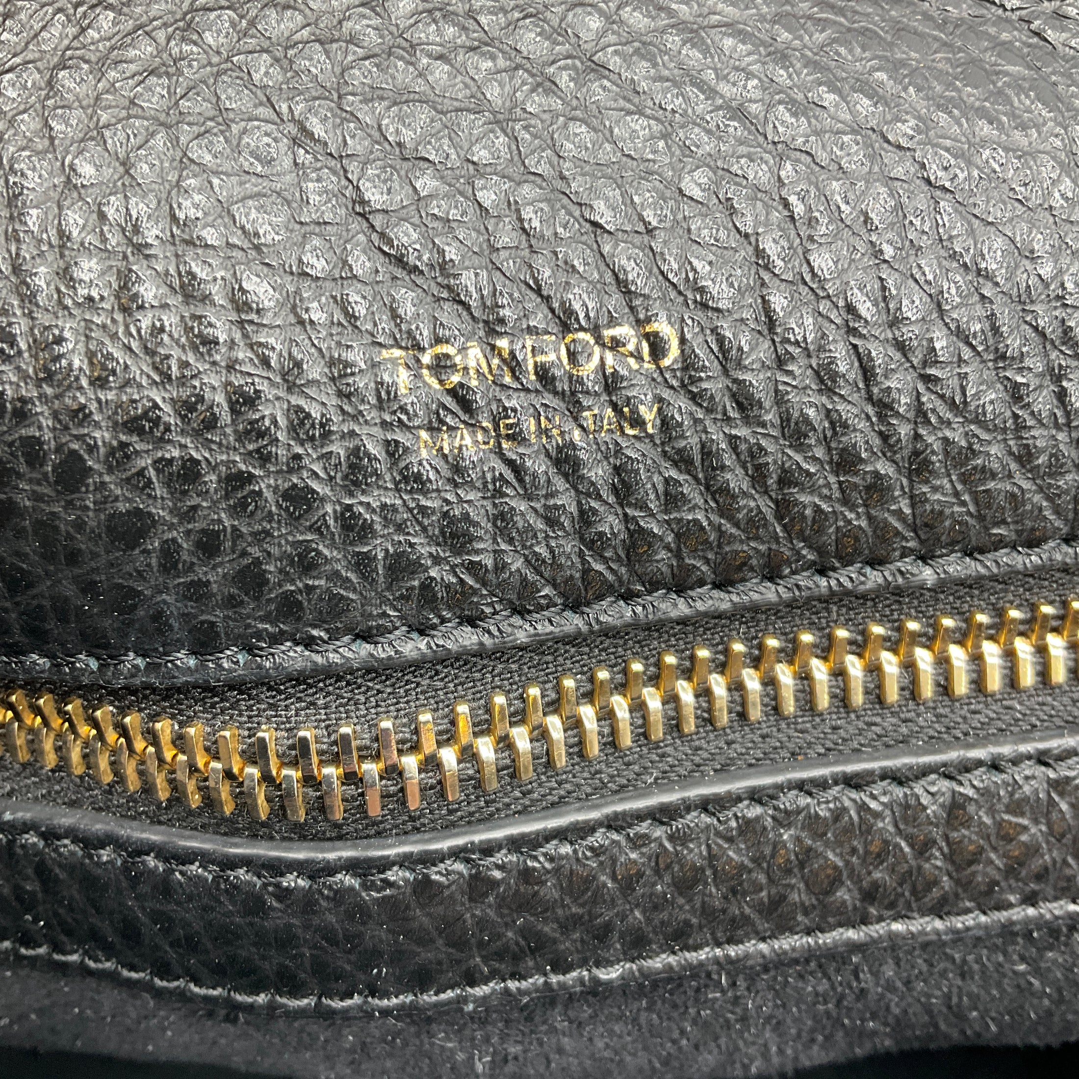 Tom Ford Black / Gold Zipper Detail Grained Leather Hobo Bag