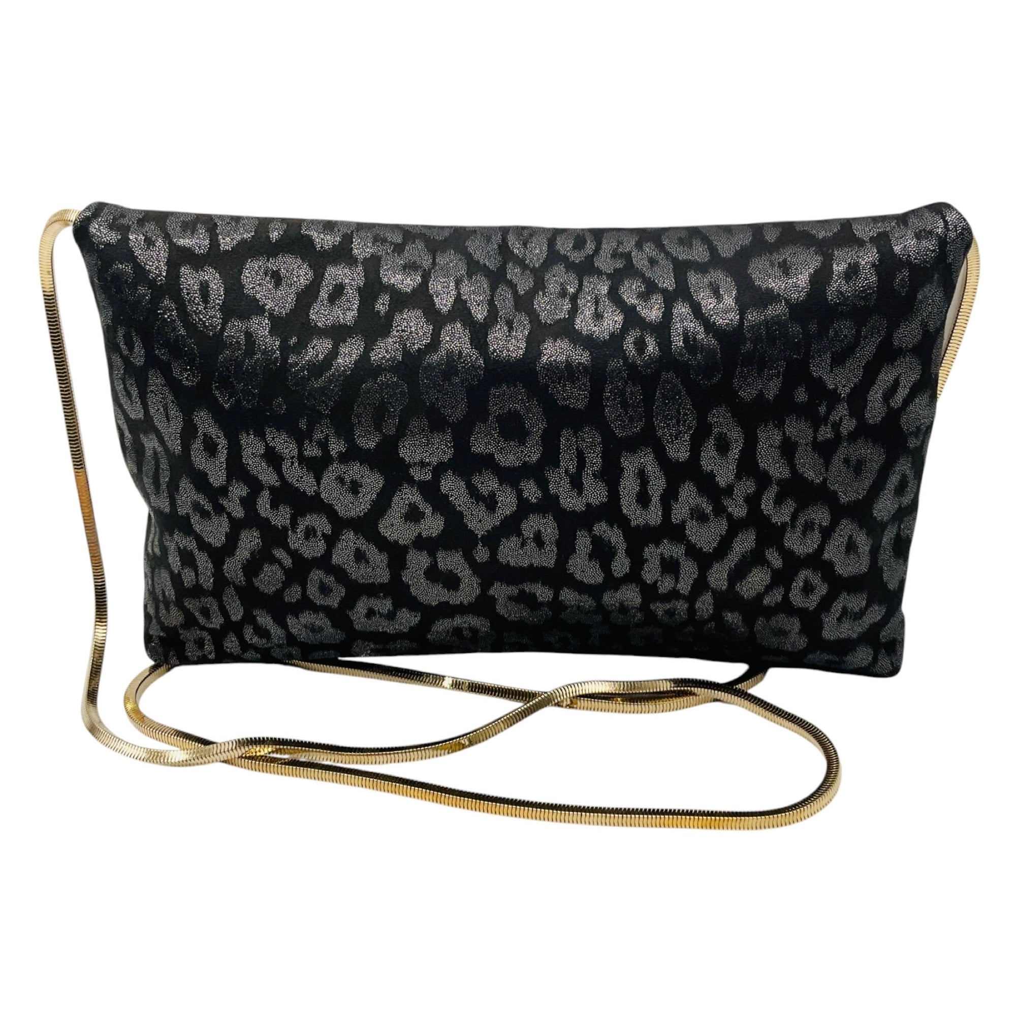 Lanvin Dark Grey Metallic Leopard Print Clutch with Gold Chain Strap