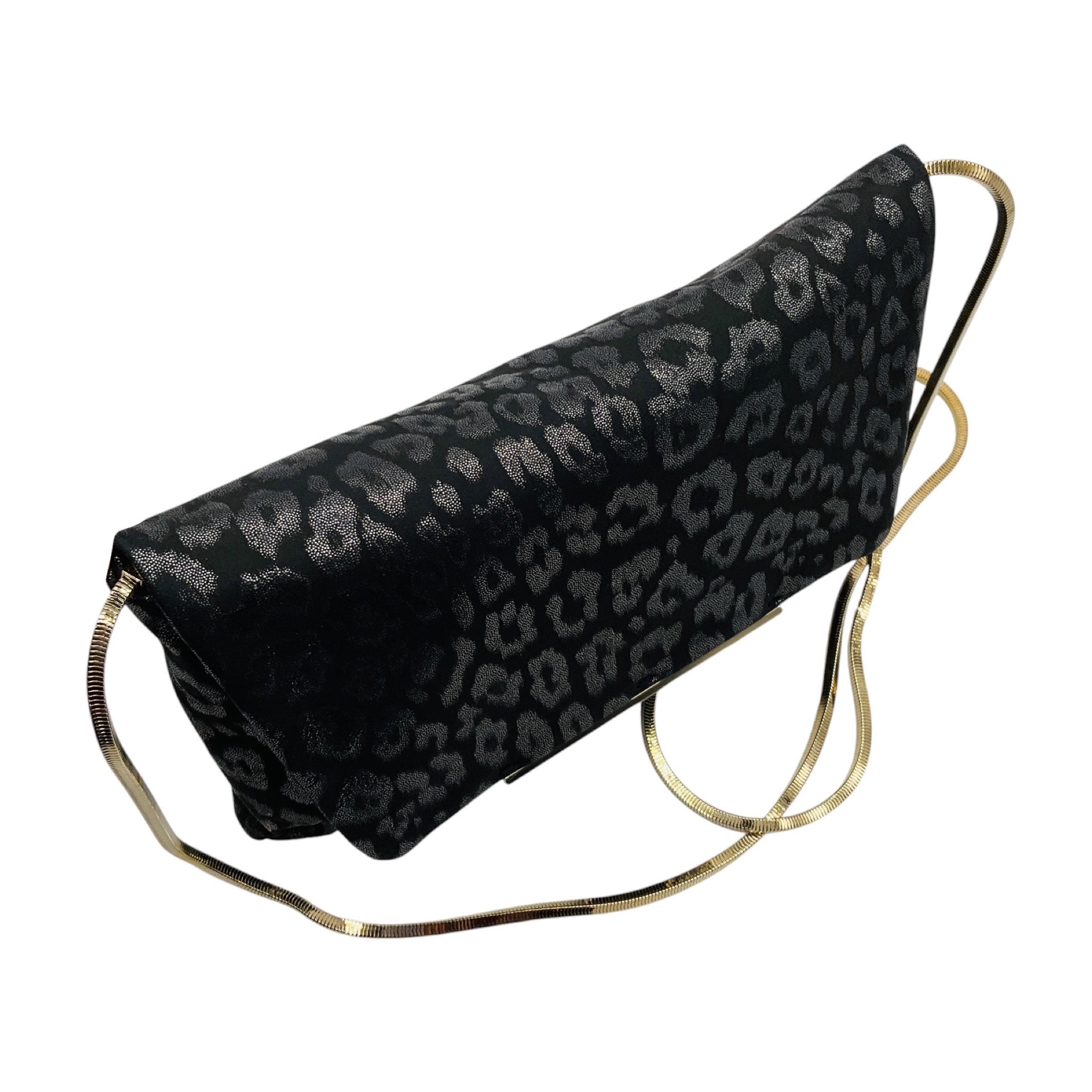 Lanvin Dark Grey Metallic Leopard Print Clutch with Gold Chain Strap