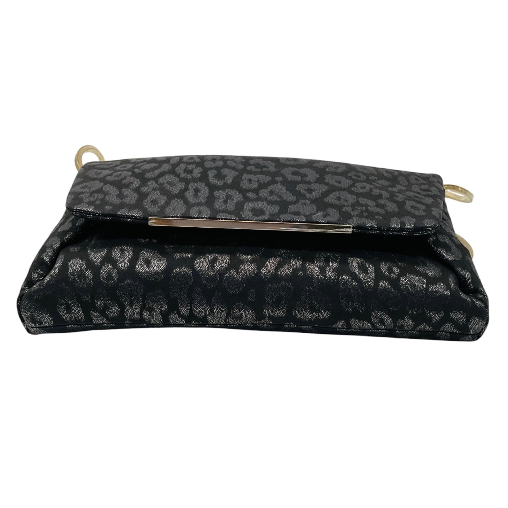 Lanvin Dark Grey Metallic Leopard Print Clutch with Gold Chain Strap