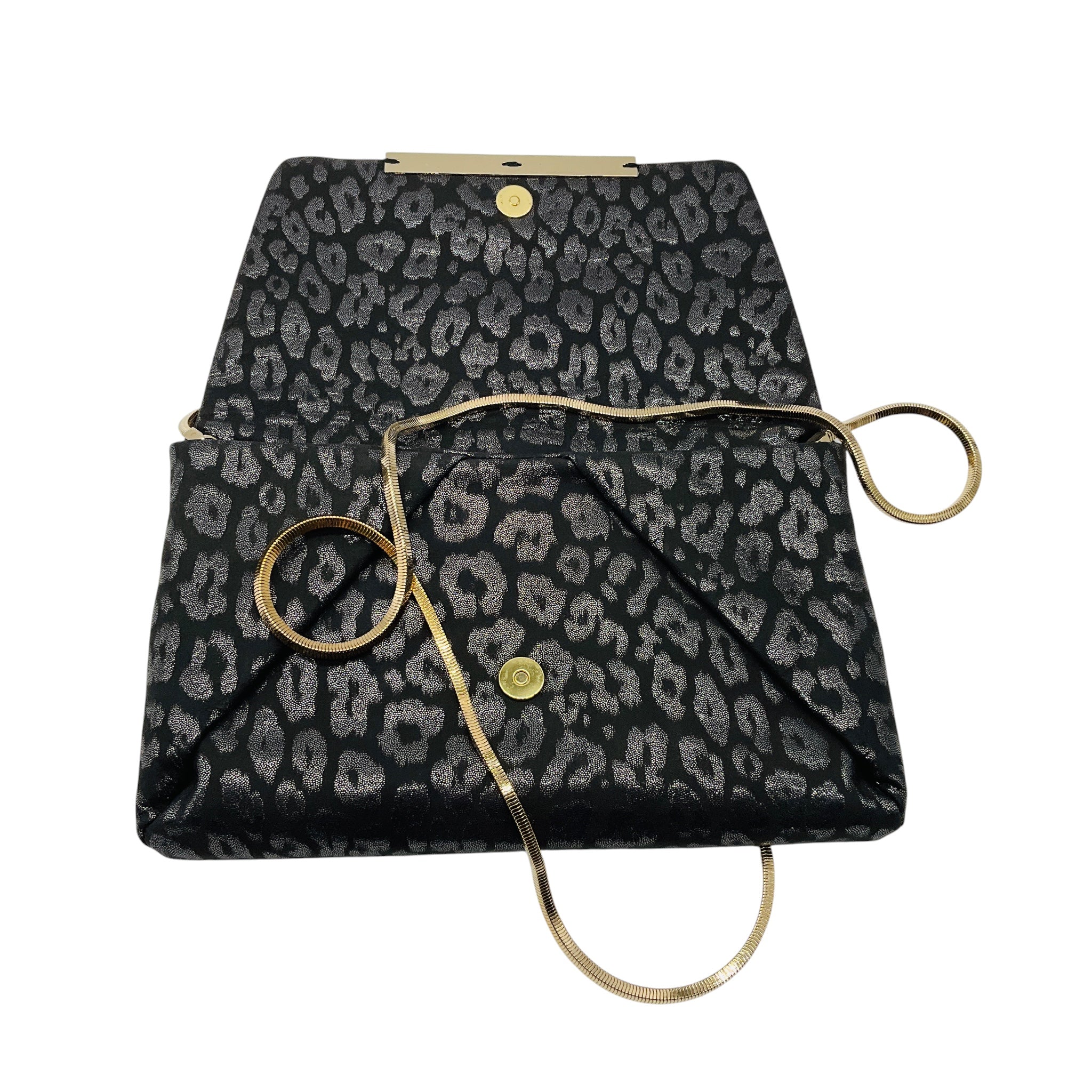 Lanvin Dark Grey Metallic Leopard Print Clutch with Gold Chain Strap