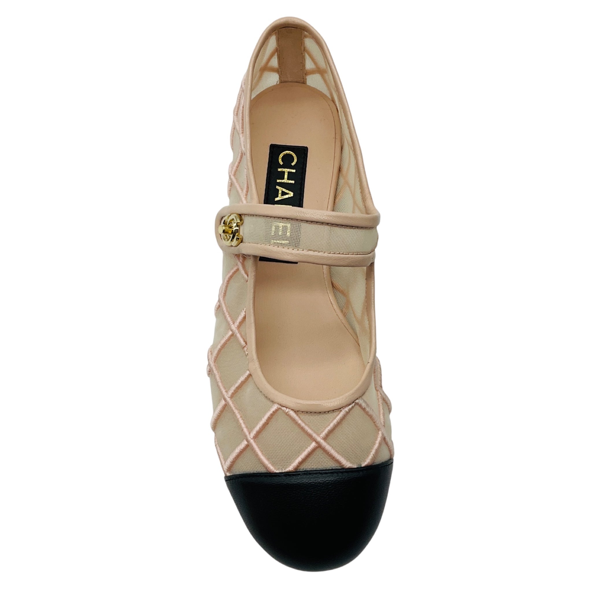 Chanel Light Blush Pink / Black Interlocking CC Logo Mesh and Leather Mary Jane Flats