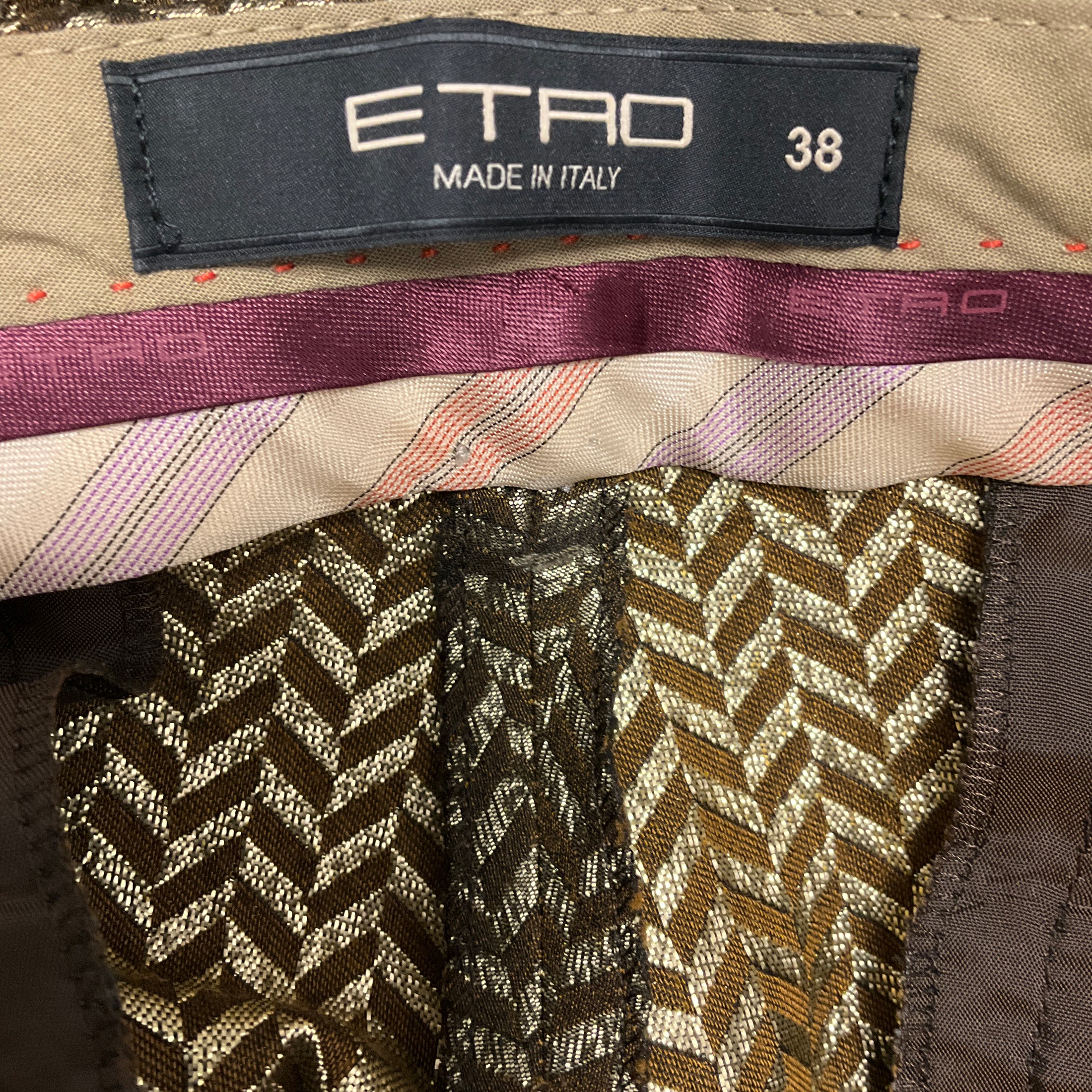 Etro Gold Metallic Chevron Patterned Slim Leg Pants