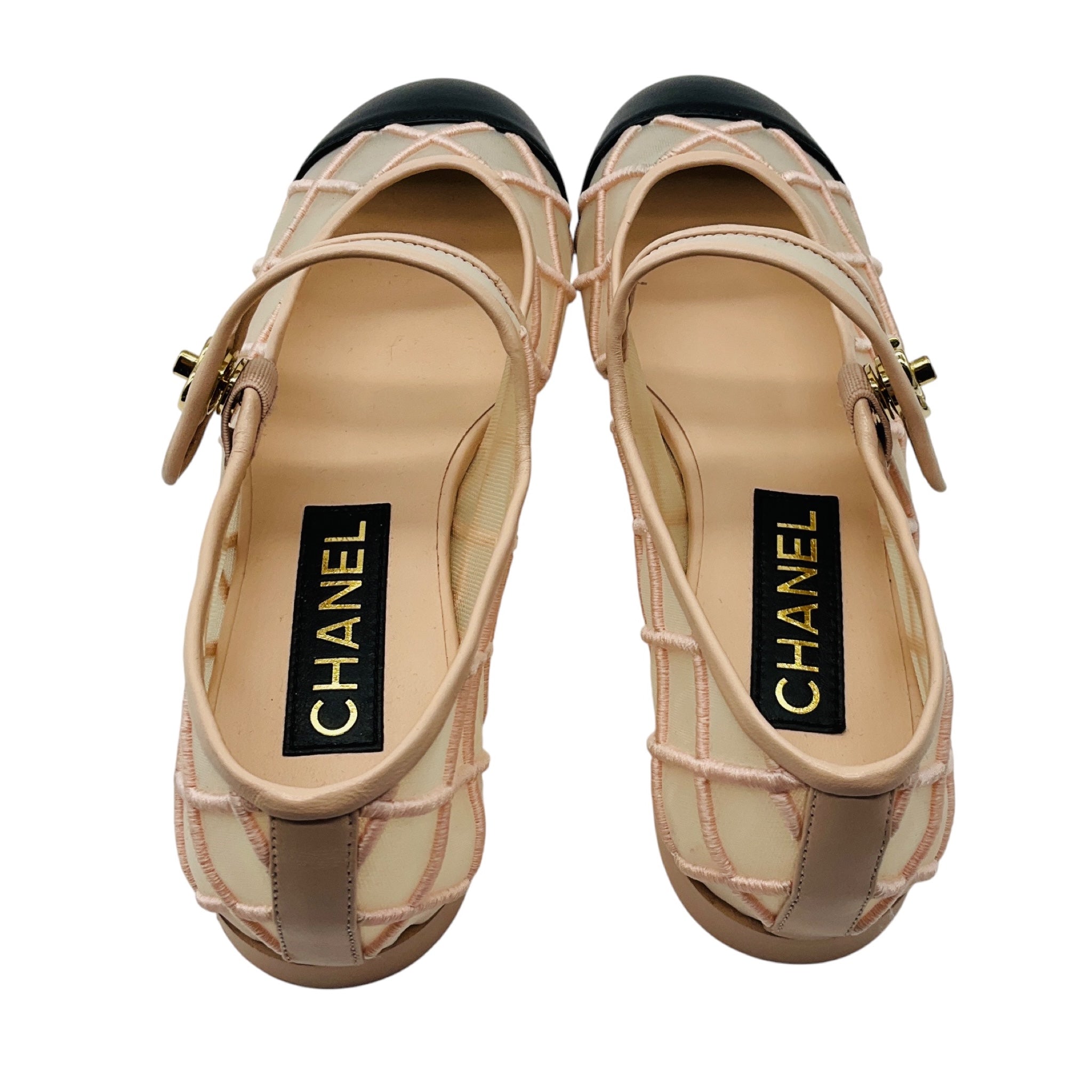 Chanel Light Blush Pink / Black Interlocking CC Logo Mesh and Leather Mary Jane Flats