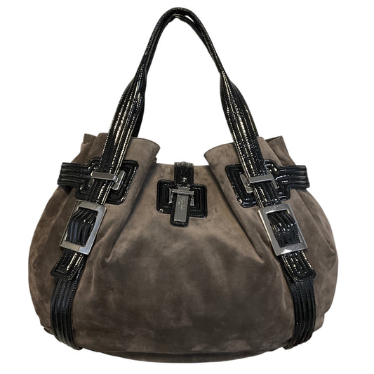 Roger Vivier Grey / Black Patent Leather Trimmed Suede Tote Handbag