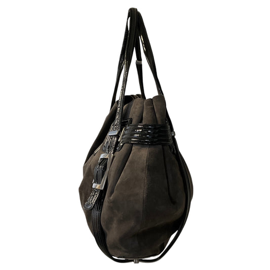 Roger Vivier Grey / Black Patent Leather Trimmed Suede Tote Handbag