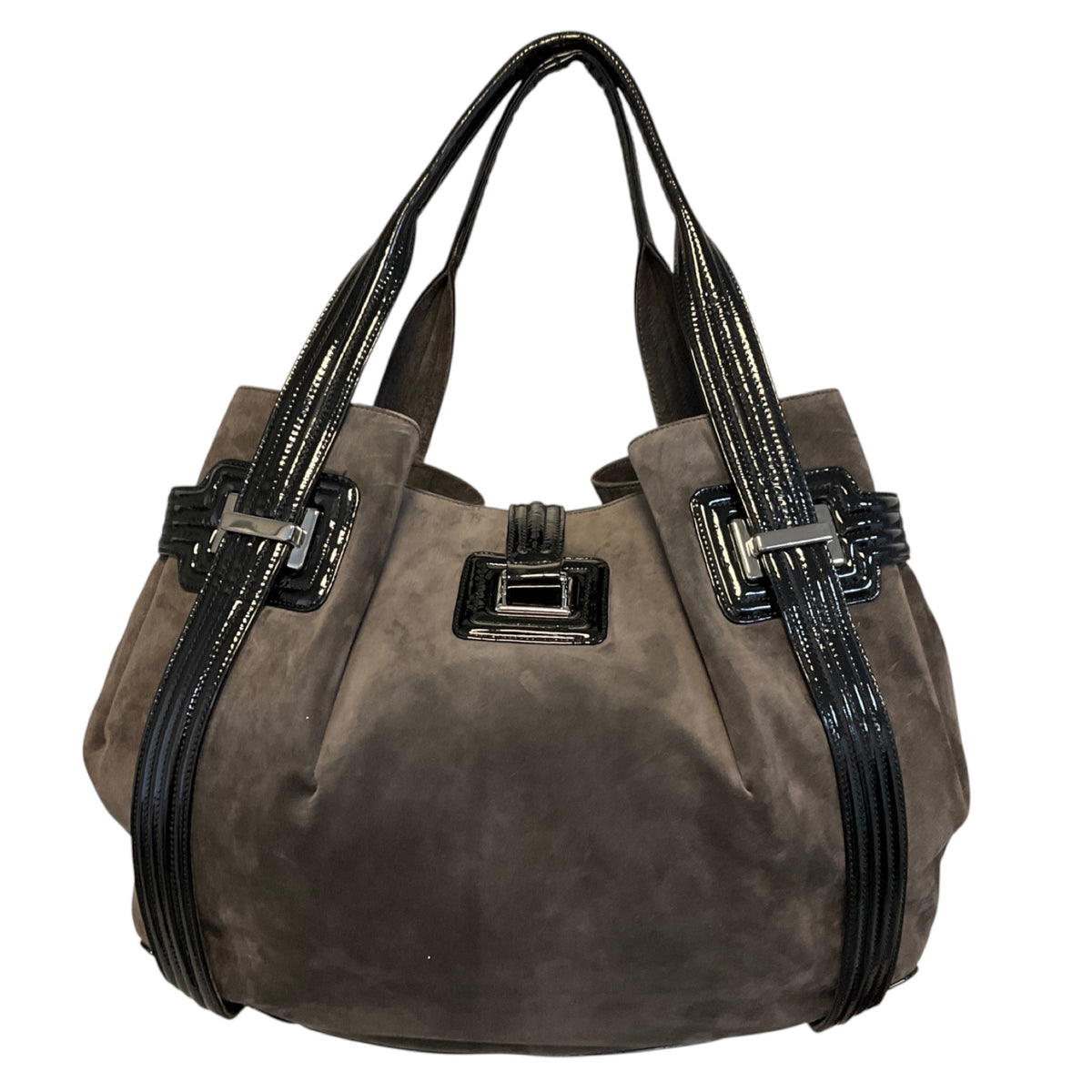 Roger Vivier Grey / Black Patent Leather Trimmed Suede Tote Handbag