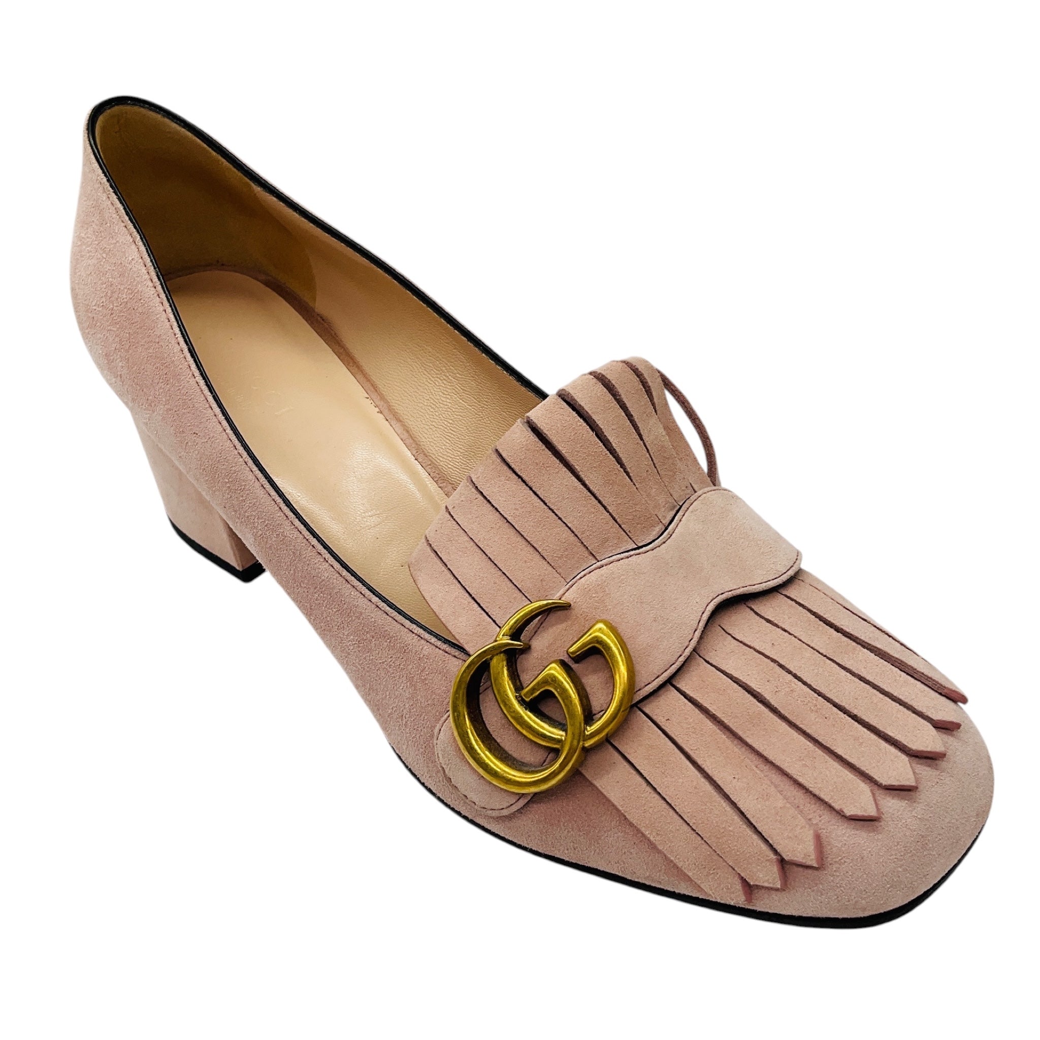 Gucci Crystal Pink / Gold GG Kiltie Fringe Mid Heel Suede Pump