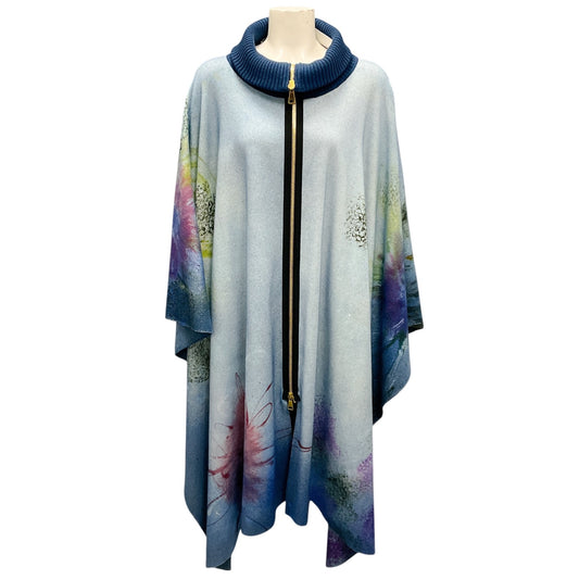Avant Toi Light Blue Multi Fall Winter 2023 Collection Hand Painted Flower Lake Wool and Cashmere Knit Cape