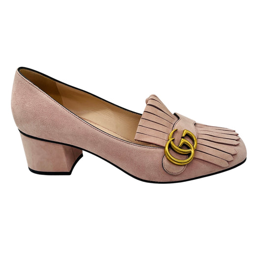 Gucci Crystal Pink / Gold GG Kiltie Fringe Mid Heel Suede Pump