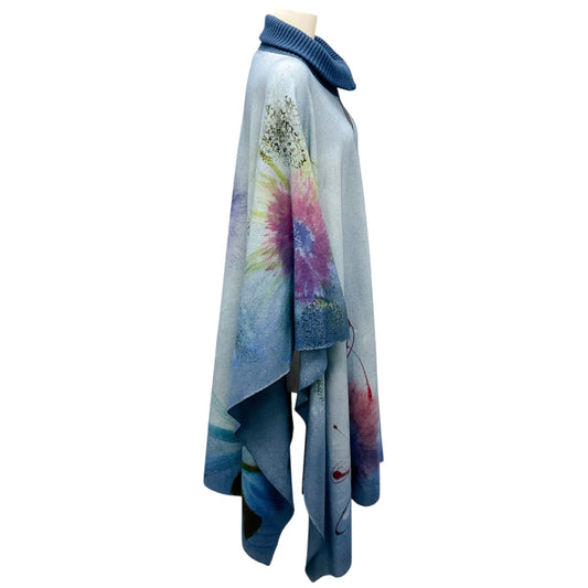 Avant Toi Light Blue Multi Fall Winter 2023 Collection Hand Painted Flower Lake Wool and Cashmere Knit Cape