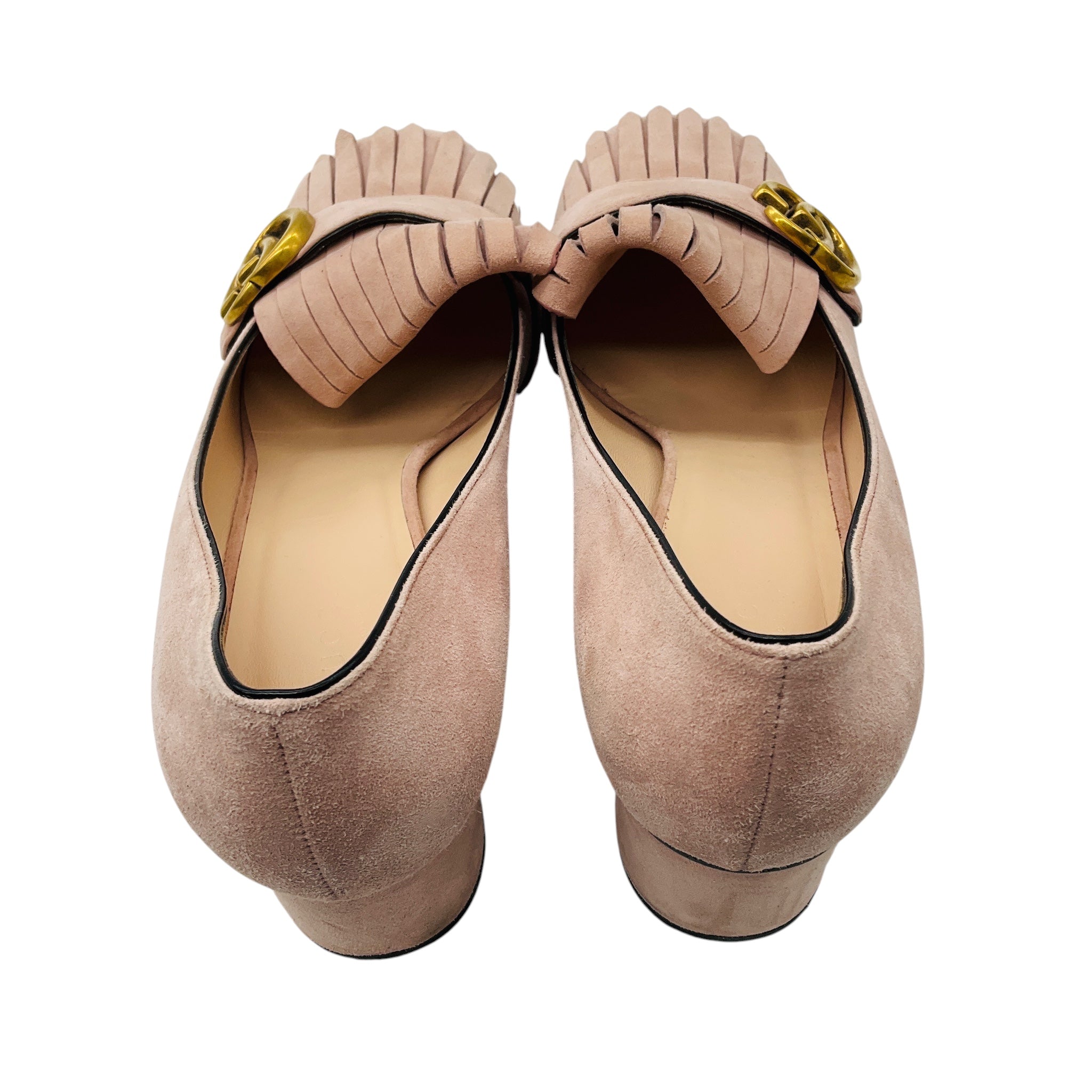 Gucci Crystal Pink / Gold GG Kiltie Fringe Mid Heel Suede Pump