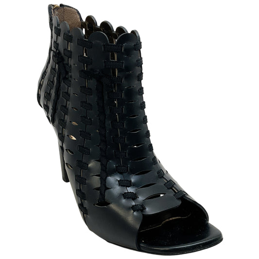 Lanvin Black Leather Peep Toe Cut Out Booties with Ribbon Detail
