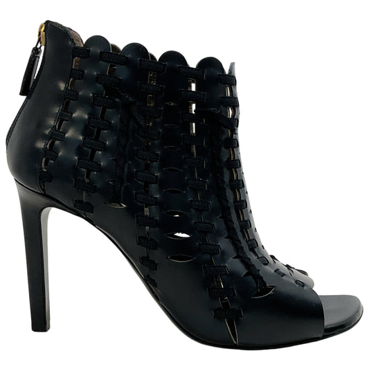Lanvin Black Leather Peep Toe Cut Out Booties with Ribbon Detail