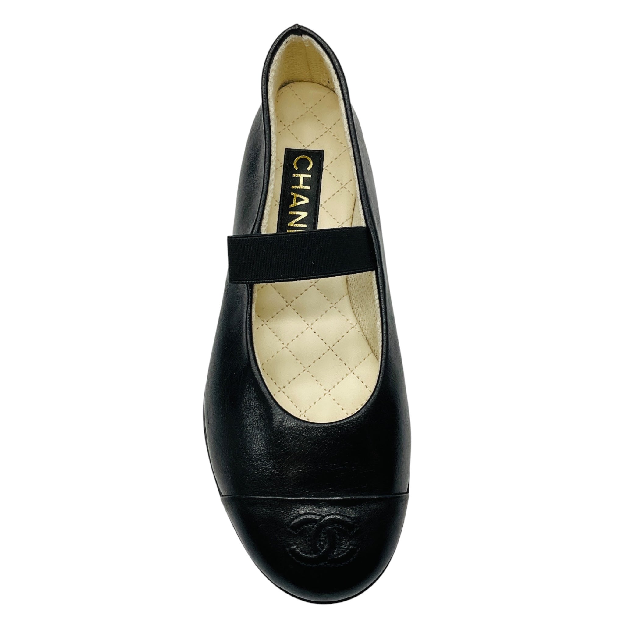 Chanel Black Lambskin Cap Toe CC Mary Jane Flats