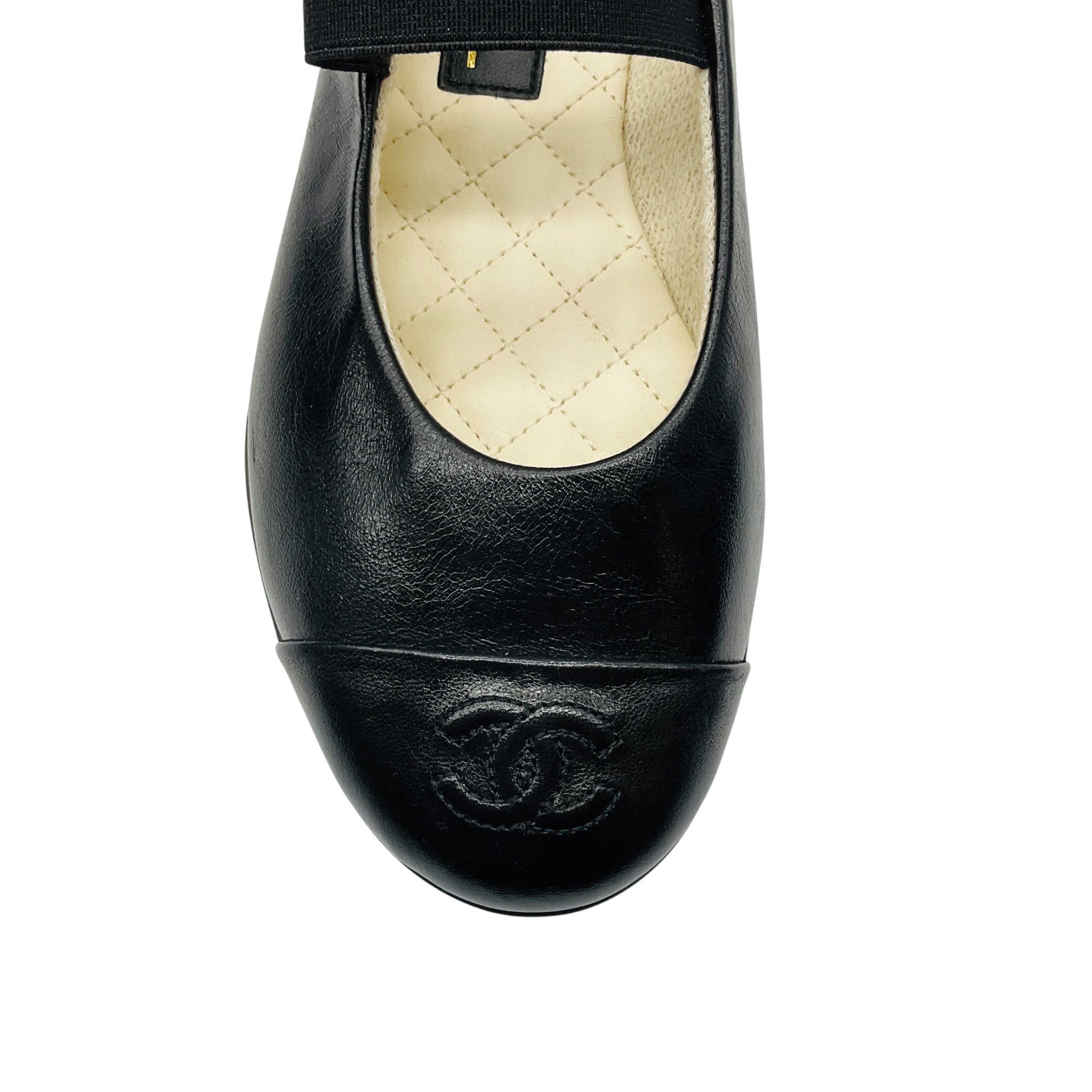 Chanel Black Lambskin Cap Toe CC Mary Jane Flats