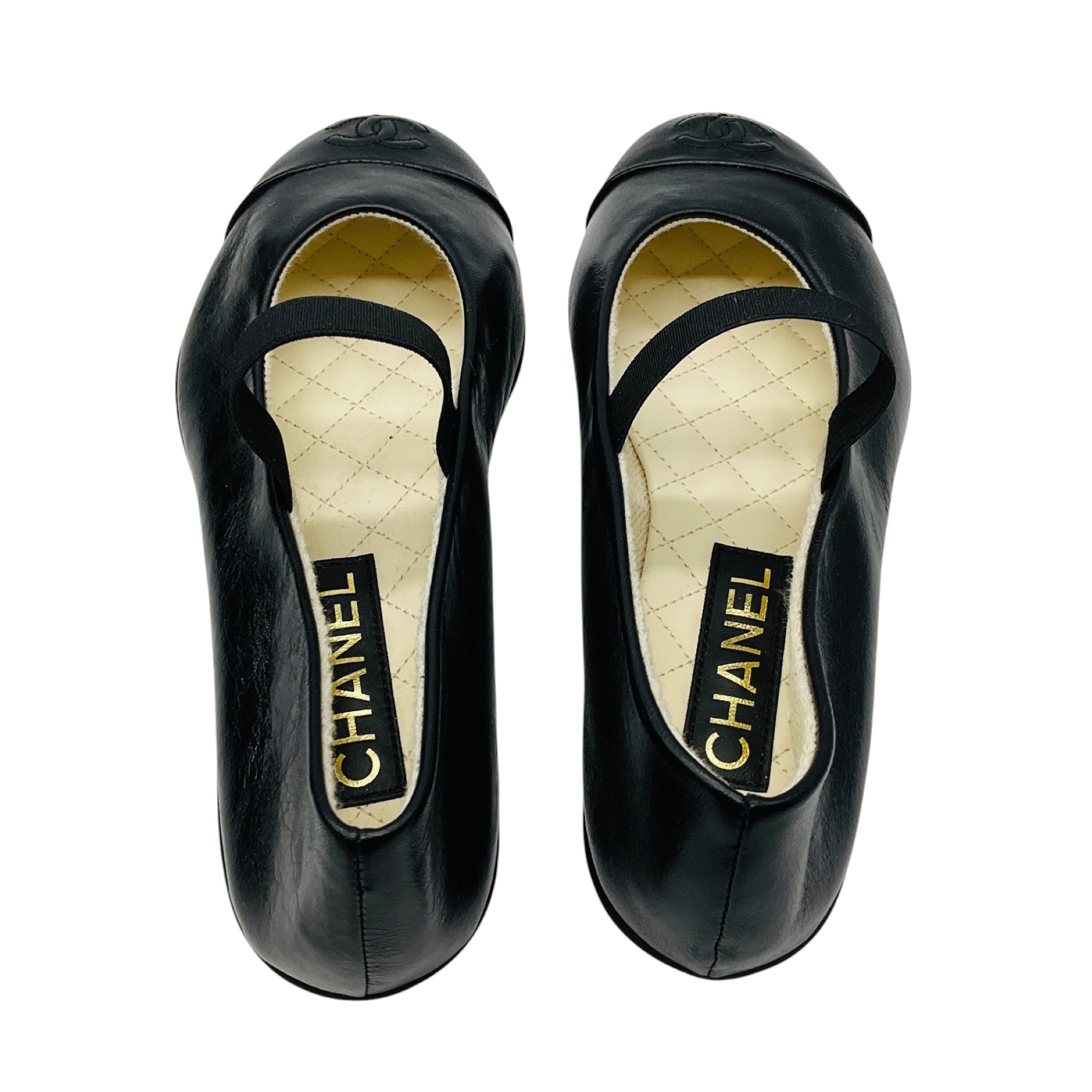 Chanel Black Lambskin Cap Toe CC Mary Jane Flats