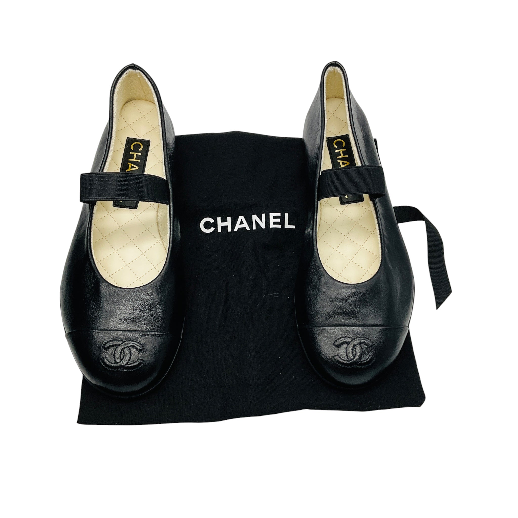 Chanel Black Lambskin Cap Toe CC Mary Jane Flats