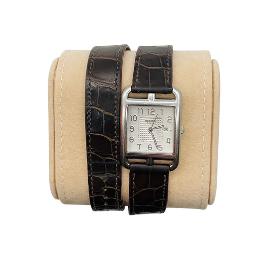 Hermes 2016 Silver Stainless Steel Case Cape Cod Watch with Brown Alligator Skin Leather Strap