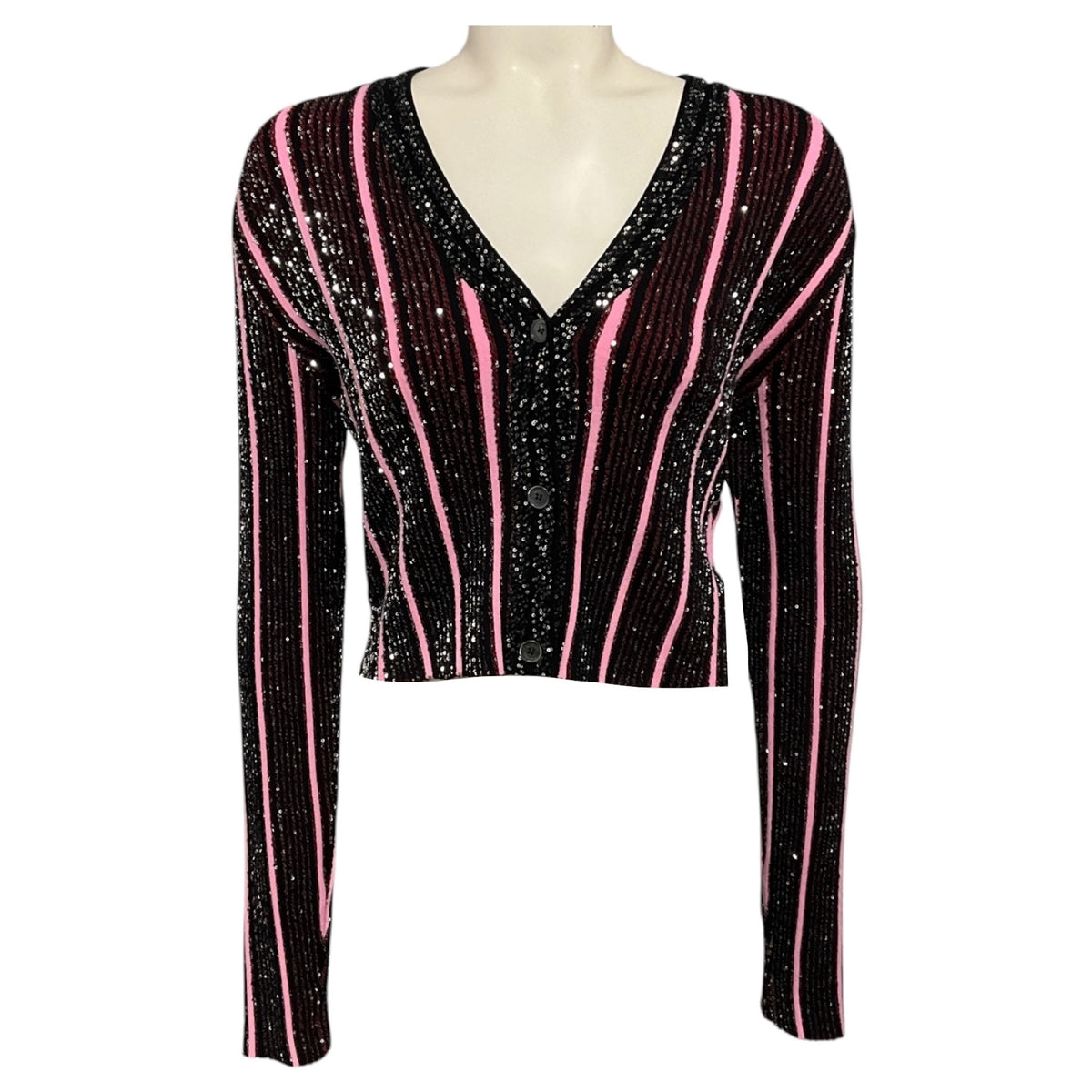 Missoni Pink / Black / Silver Sequined Striped Knit Cardigan Sweater
