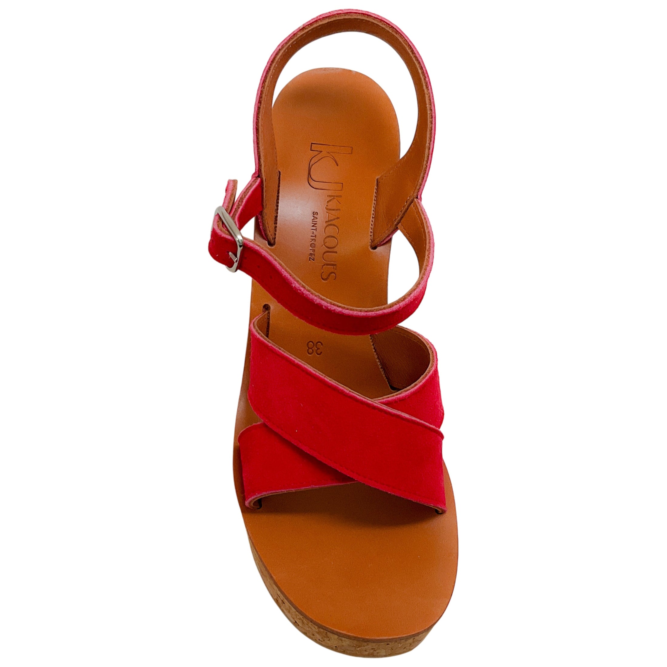 K.Jacques Red Suede Gukara Criss Cross Cork Wedge Sandals