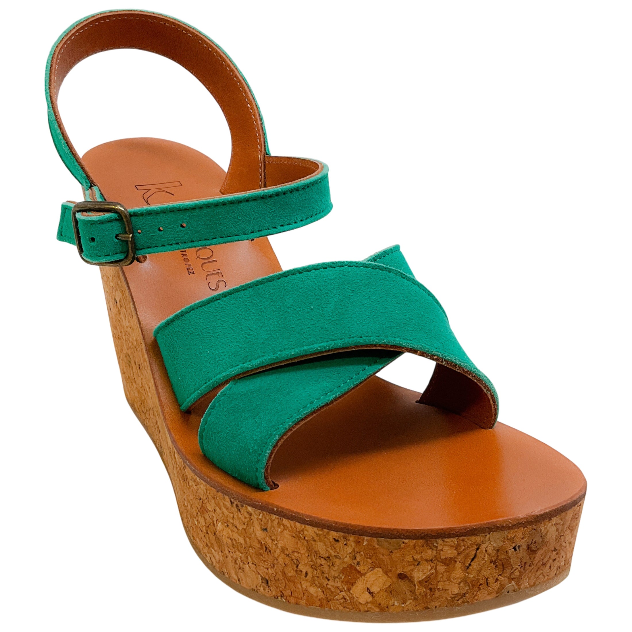 K.Jacques Emerald Green Suede Gukara Criss Cross Cork Wedge Sandals
