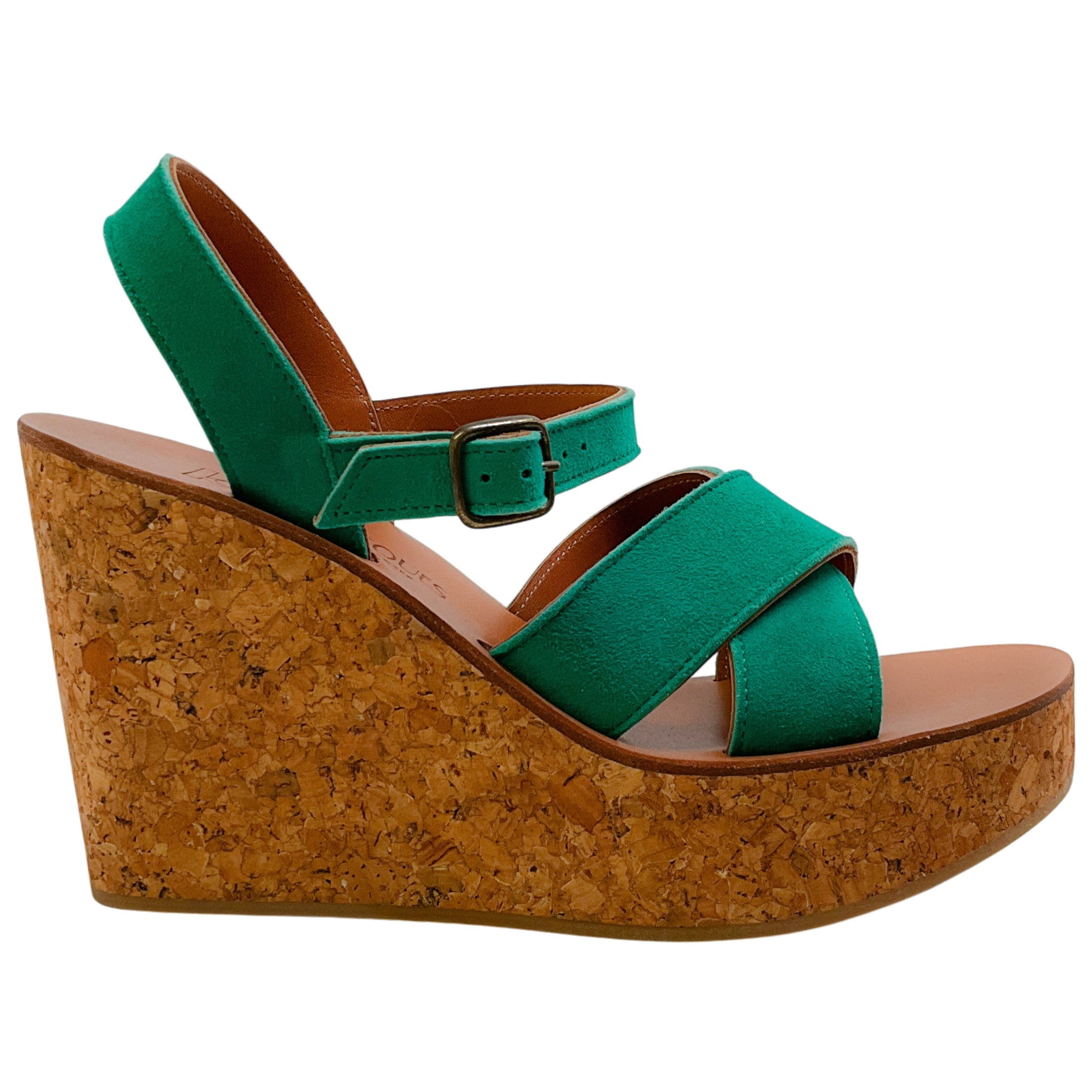 K.Jacques Emerald Green Suede Gukara Criss Cross Cork Wedge Sandals