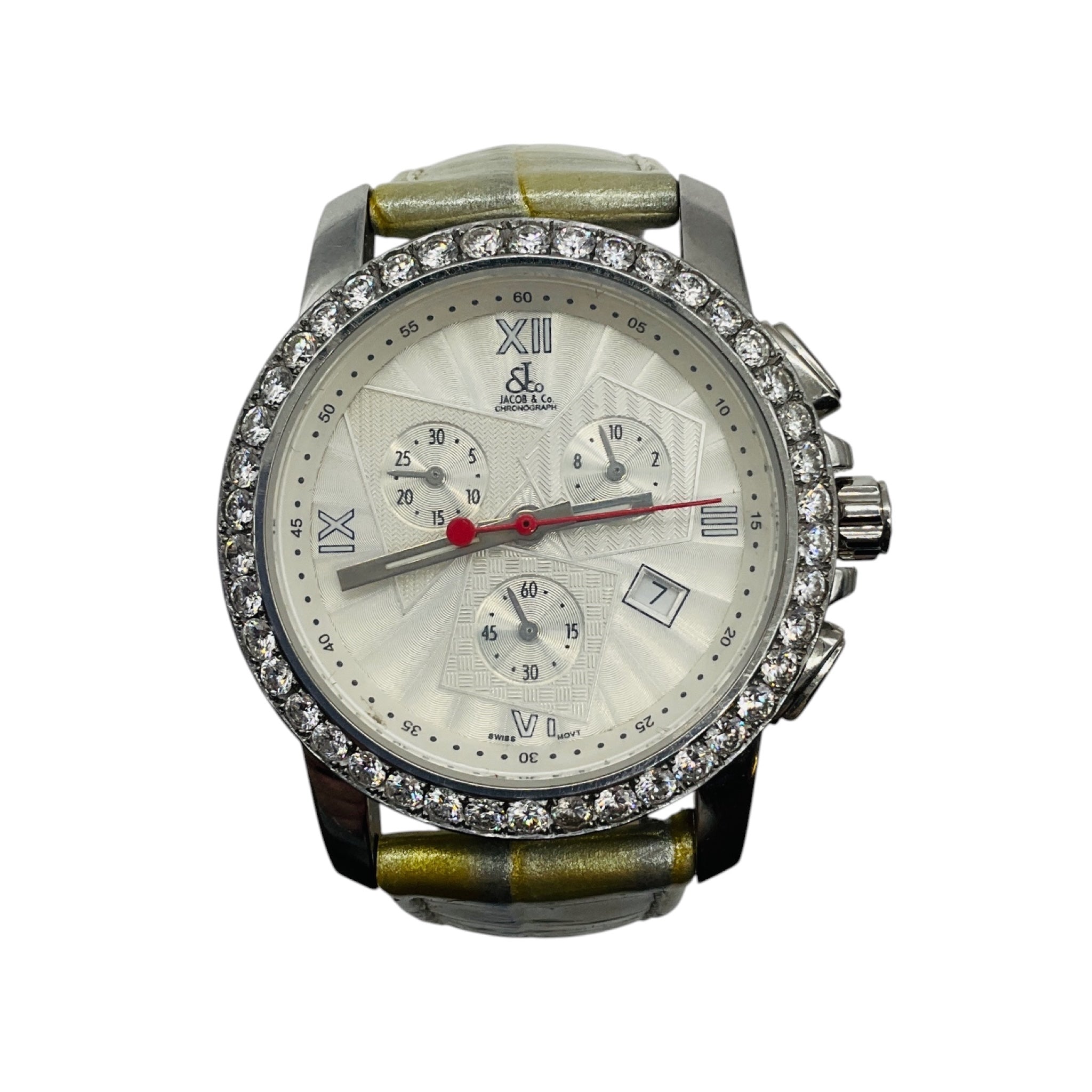 Jacob & Co Diamond Embellished Four Time Zone Watch with Silver Stainless Steel Case and Light Metallic Green Embossed Leather Strap