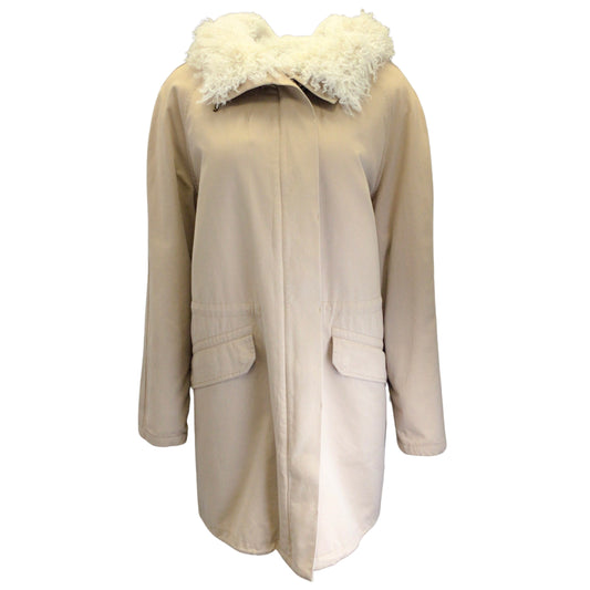 Yves Salomon Army Collection Khaki / Ivory Shearling Lined Cotton Coat