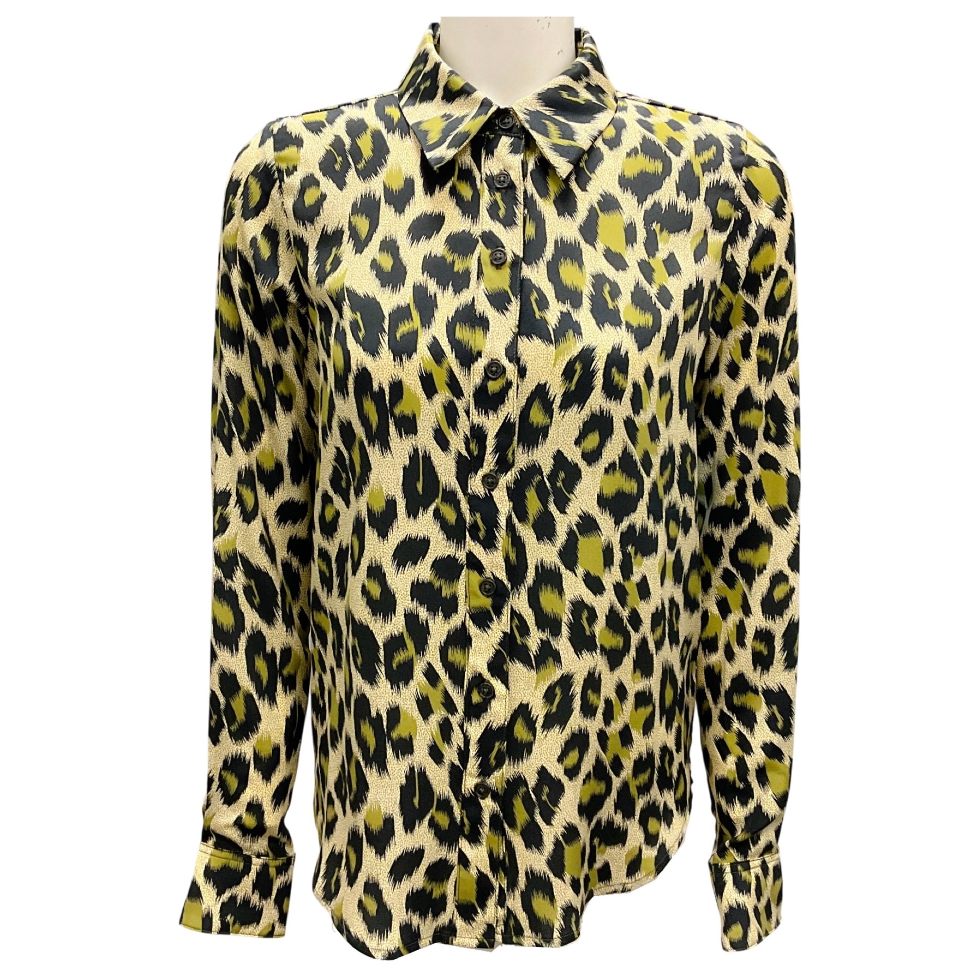 SPRWMN Green Leopard Button Up Silk Blouse