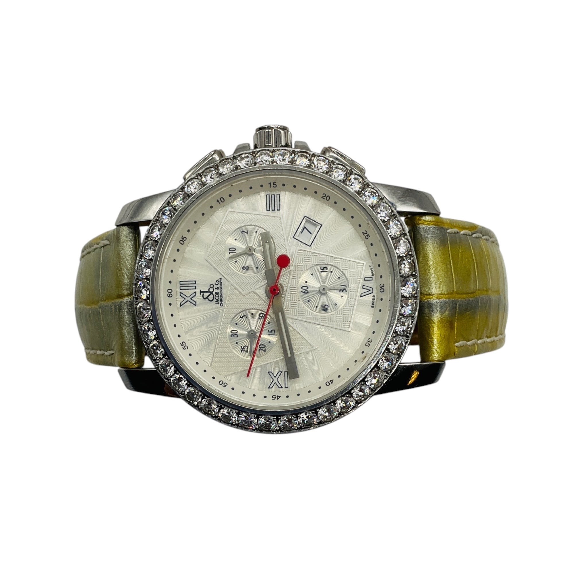 Jacob & Co Diamond Embellished Four Time Zone Watch with Silver Stainless Steel Case and Light Metallic Green Embossed Leather Strap