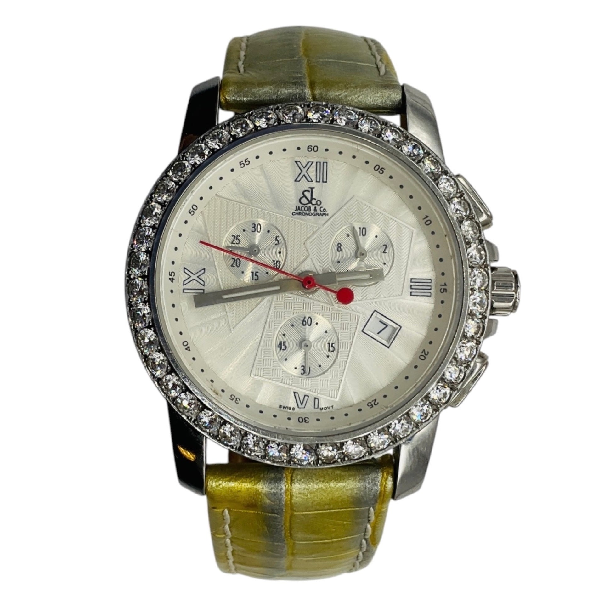 Jacob & Co Diamond Embellished Four Time Zone Watch with Silver Stainless Steel Case and Light Metallic Green Embossed Leather Strap