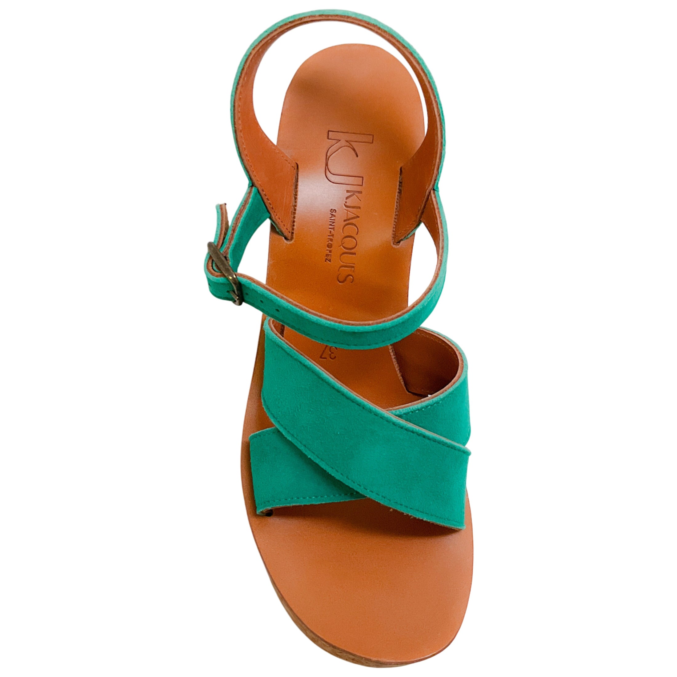 K.Jacques Emerald Green Suede Gukara Criss Cross Cork Wedge Sandals