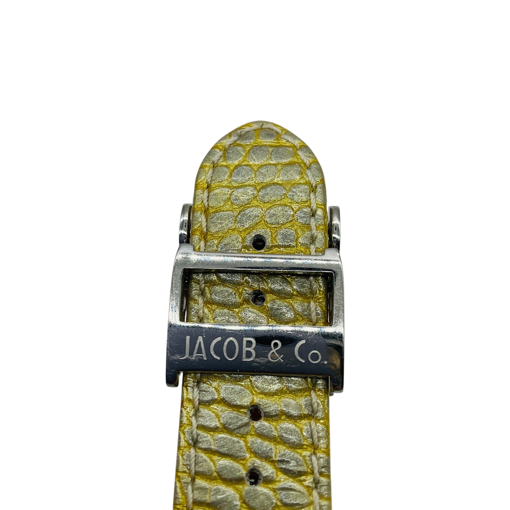 Jacob & Co Diamond Embellished Four Time Zone Watch with Silver Stainless Steel Case and Light Metallic Green Embossed Leather Strap