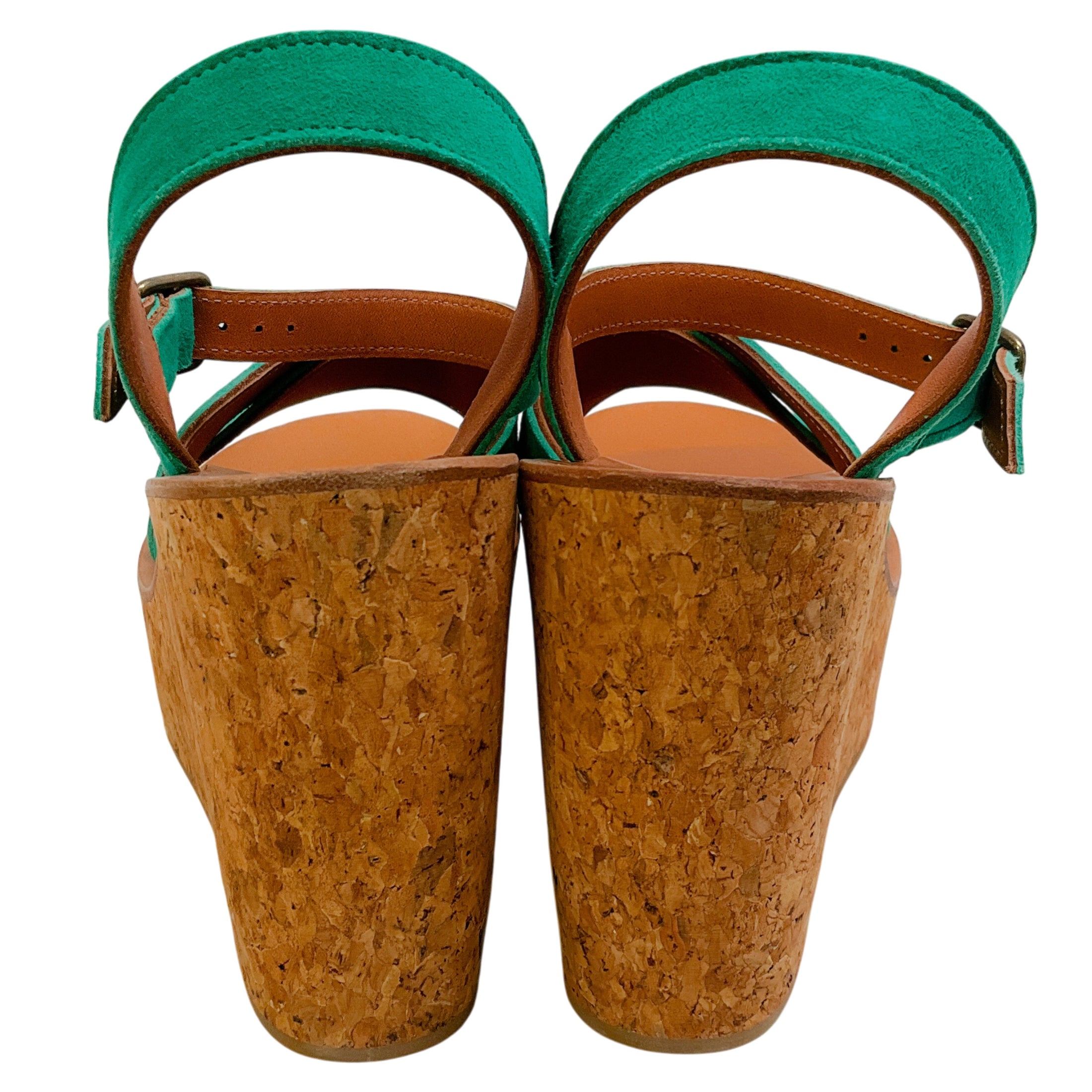 K.Jacques Emerald Green Suede Gukara Criss Cross Cork Wedge Sandals