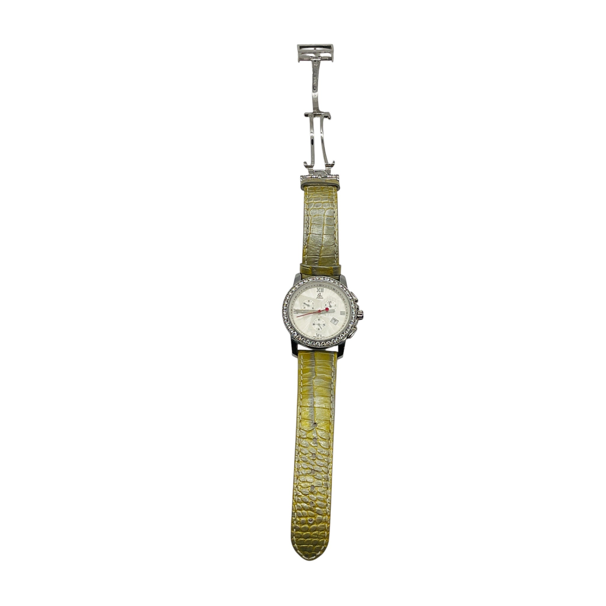 Jacob & Co Diamond Embellished Four Time Zone Watch with Silver Stainless Steel Case and Light Metallic Green Embossed Leather Strap