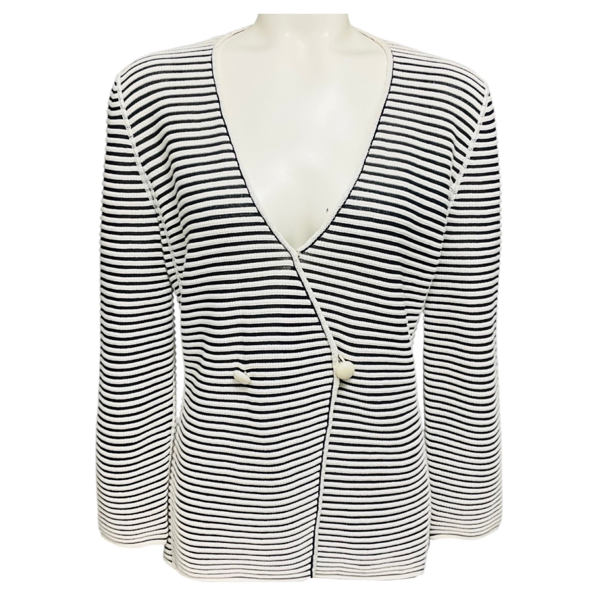 Armani Collezioni White / Black Striped Knit Cardigan Sweater