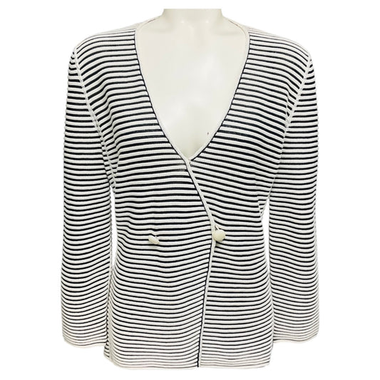 Armani Collezioni White / Black Striped Knit Cardigan Sweater
