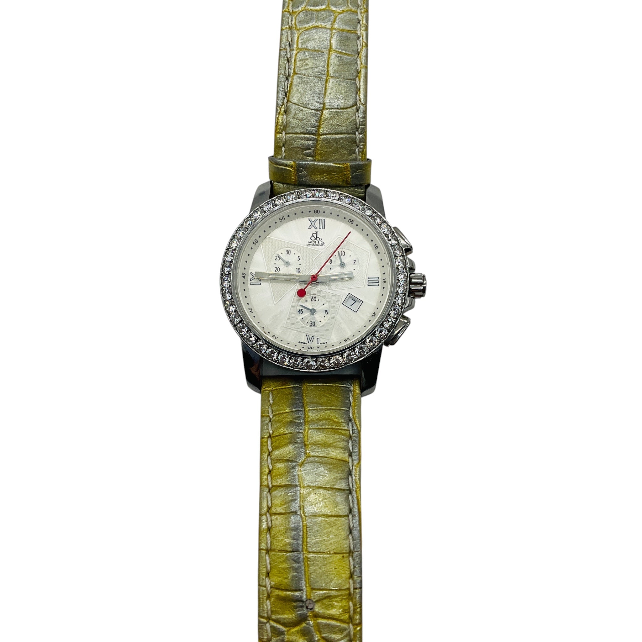 Jacob & Co Diamond Embellished Four Time Zone Watch with Silver Stainless Steel Case and Light Metallic Green Embossed Leather Strap