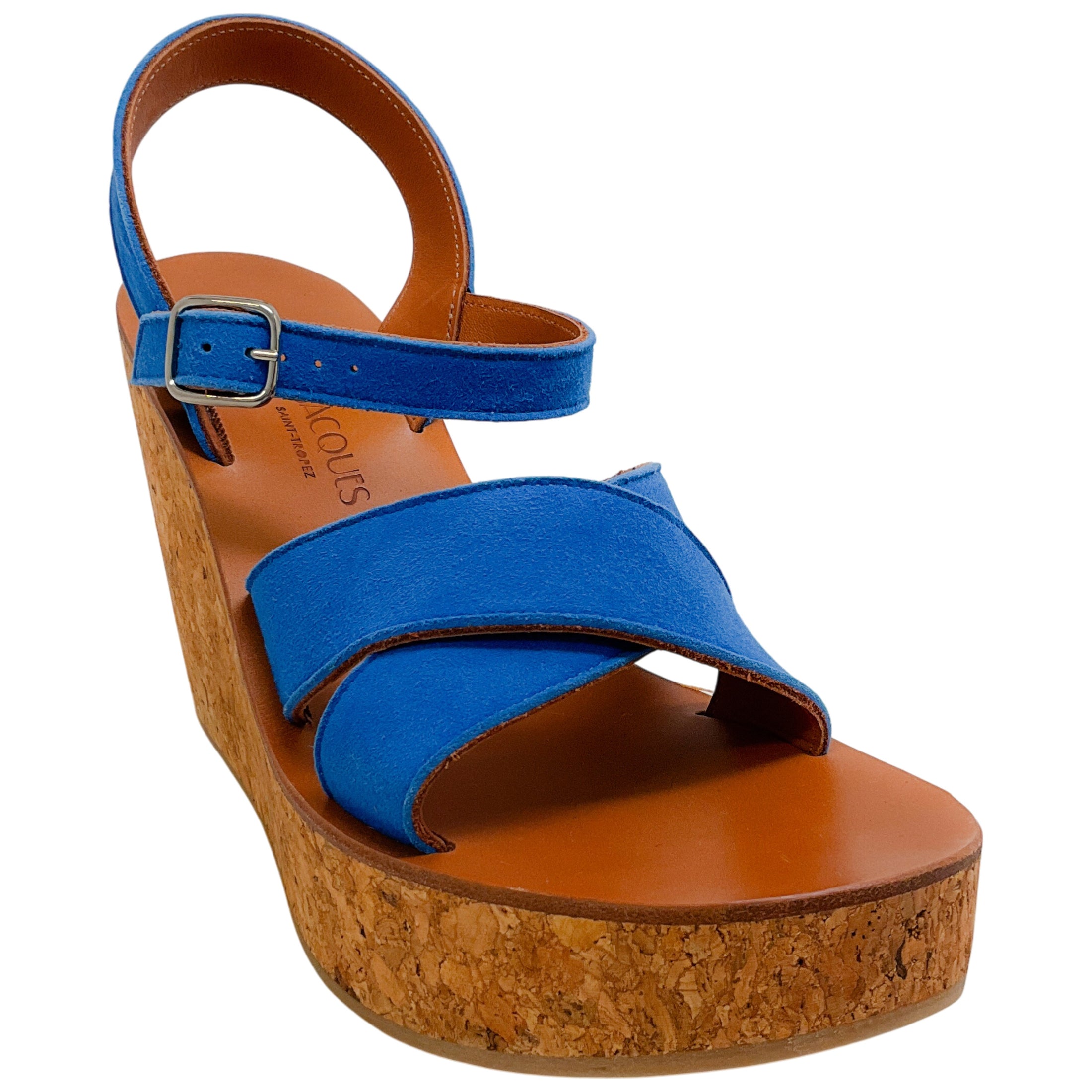 K.Jacques Cobalt Blue Suede Gukara Criss Cross Cork Wedge Sandals
