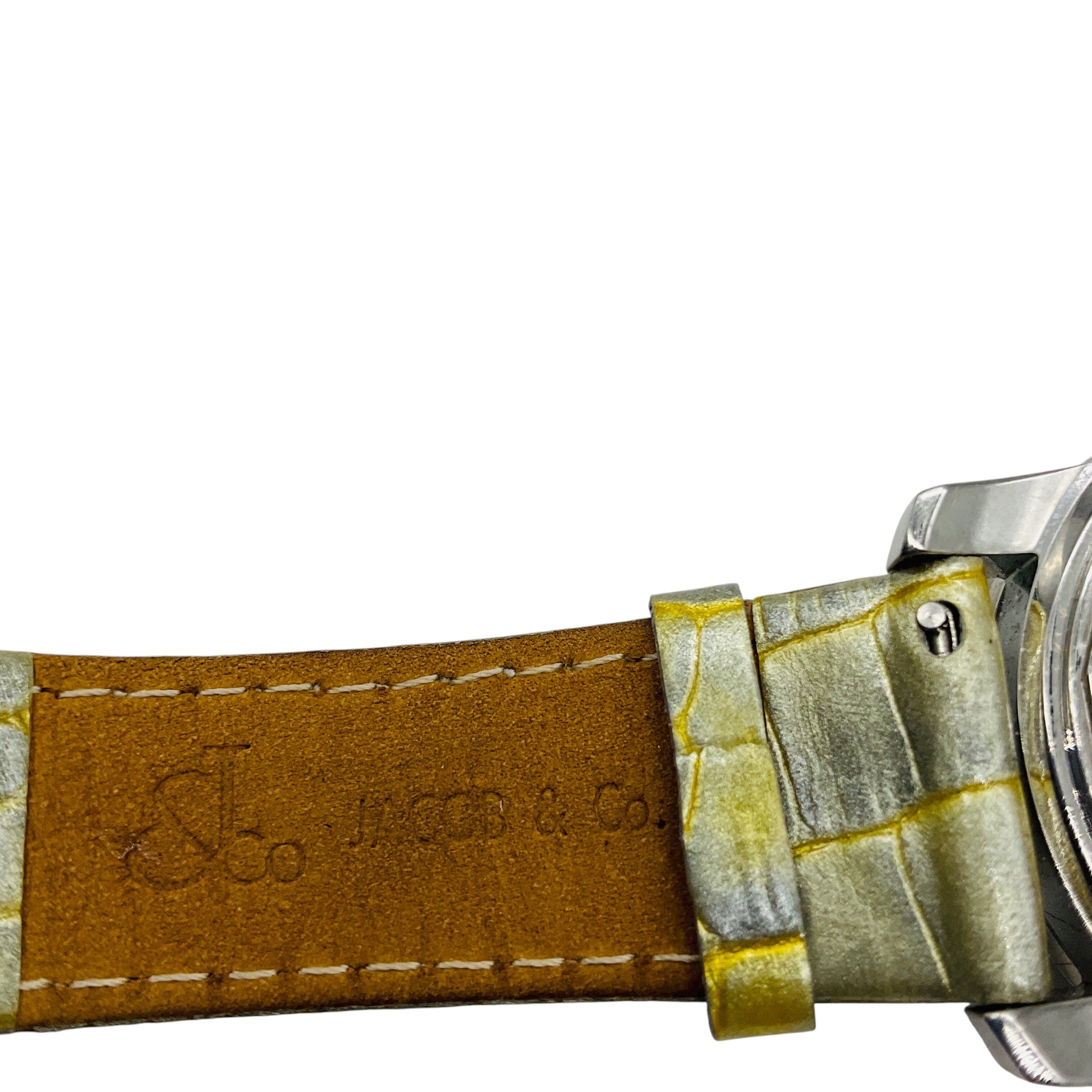 Jacob & Co Diamond Embellished Four Time Zone Watch with Silver Stainless Steel Case and Light Metallic Green Embossed Leather Strap