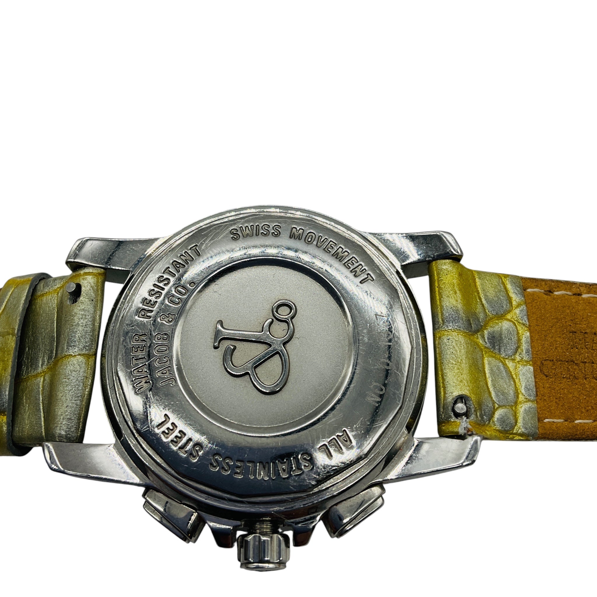 Jacob & Co Diamond Embellished Four Time Zone Watch with Silver Stainless Steel Case and Light Metallic Green Embossed Leather Strap