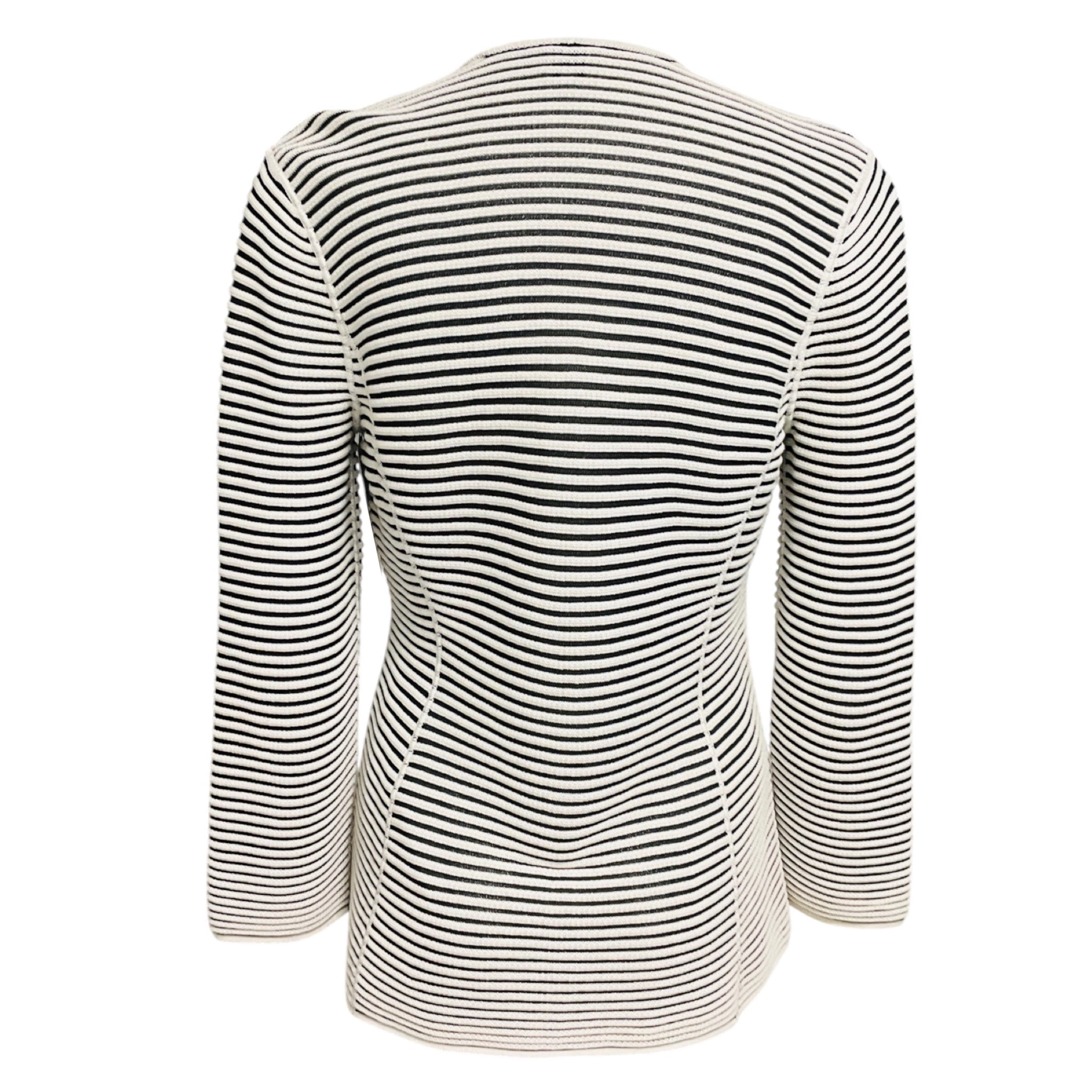 Armani Collezioni White / Black Striped Knit Cardigan Sweater