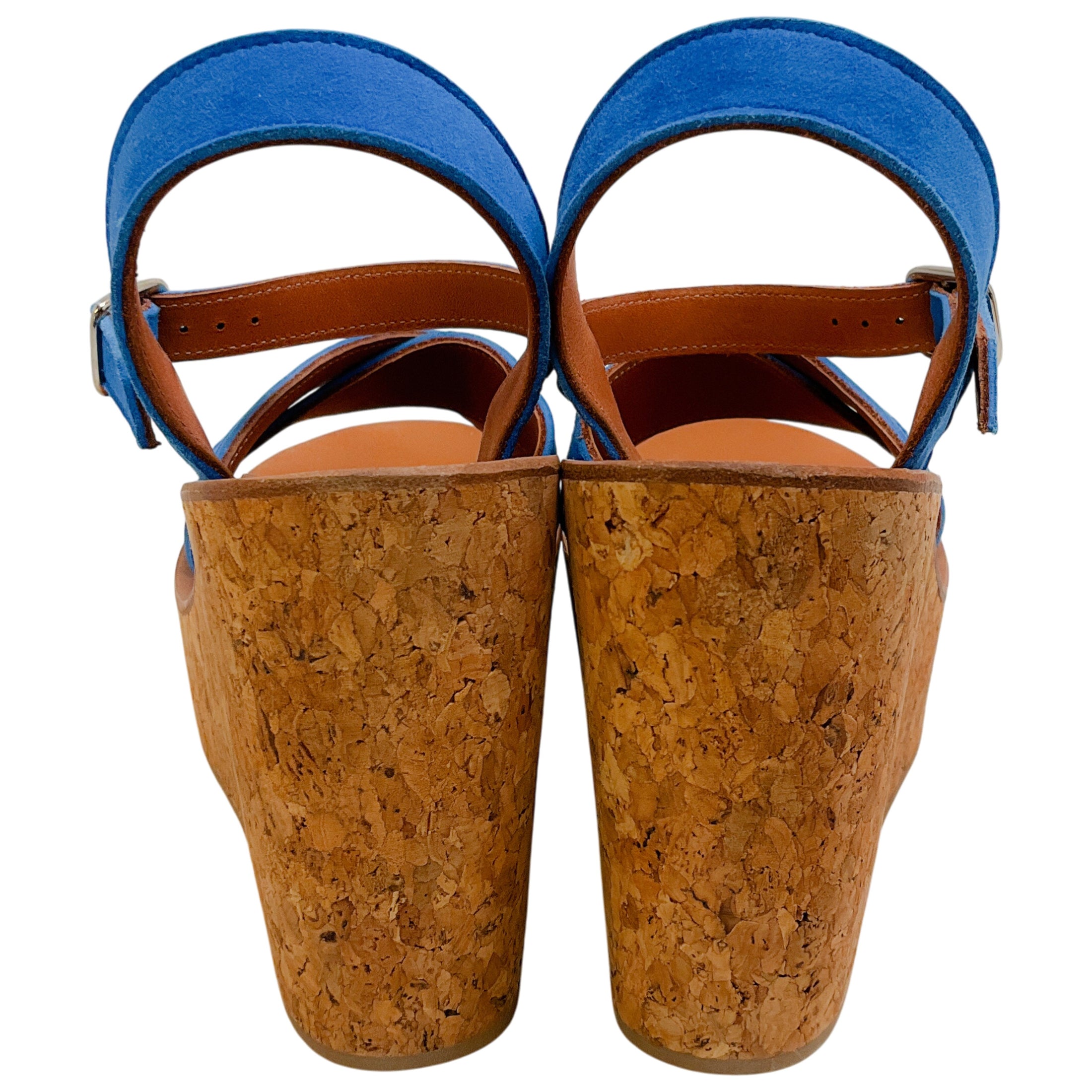K.Jacques Cobalt Blue Suede Gukara Criss Cross Cork Wedge Sandals