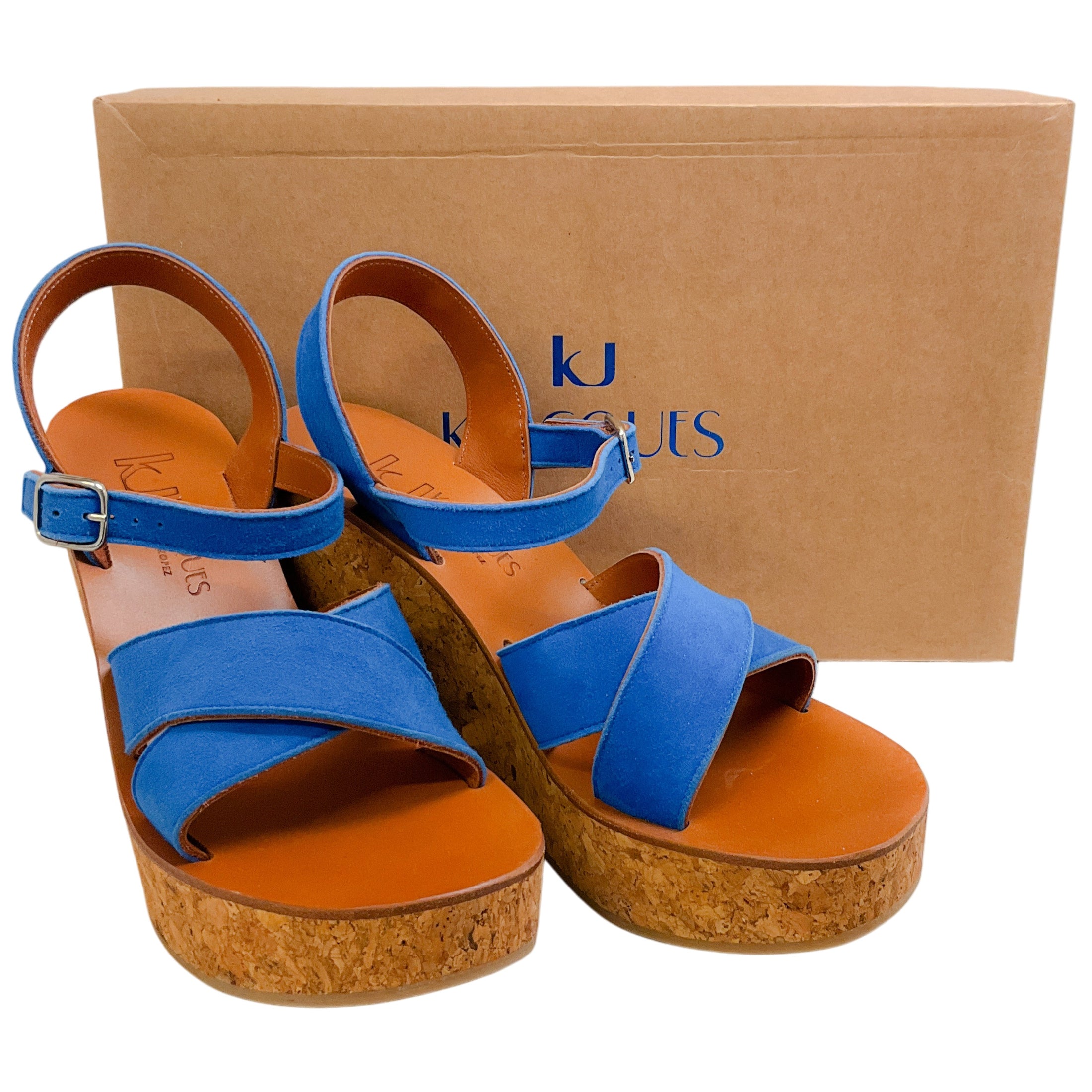 K.Jacques Cobalt Blue Suede Gukara Criss Cross Cork Wedge Sandals