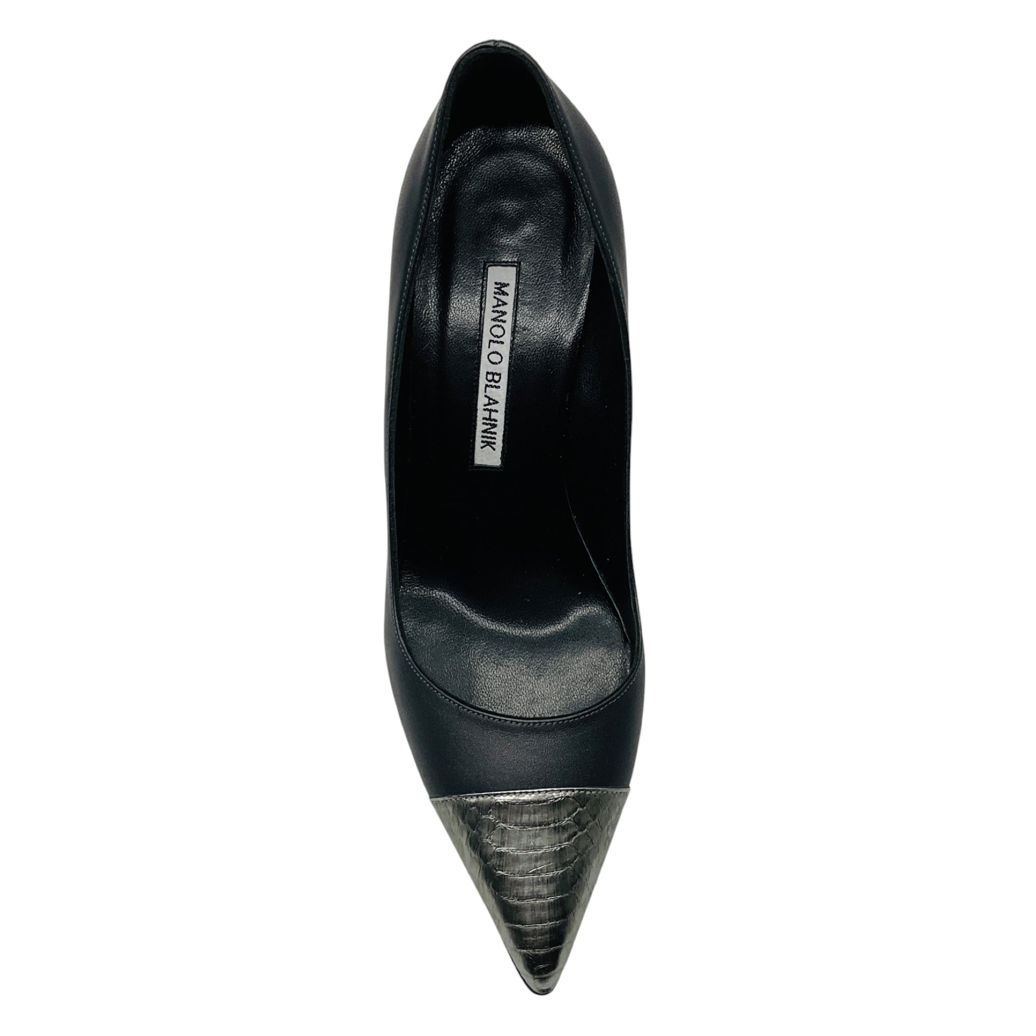 Manolo Blahnik Black / Silver Metallic Embossed Cap Toe Leather Pumps