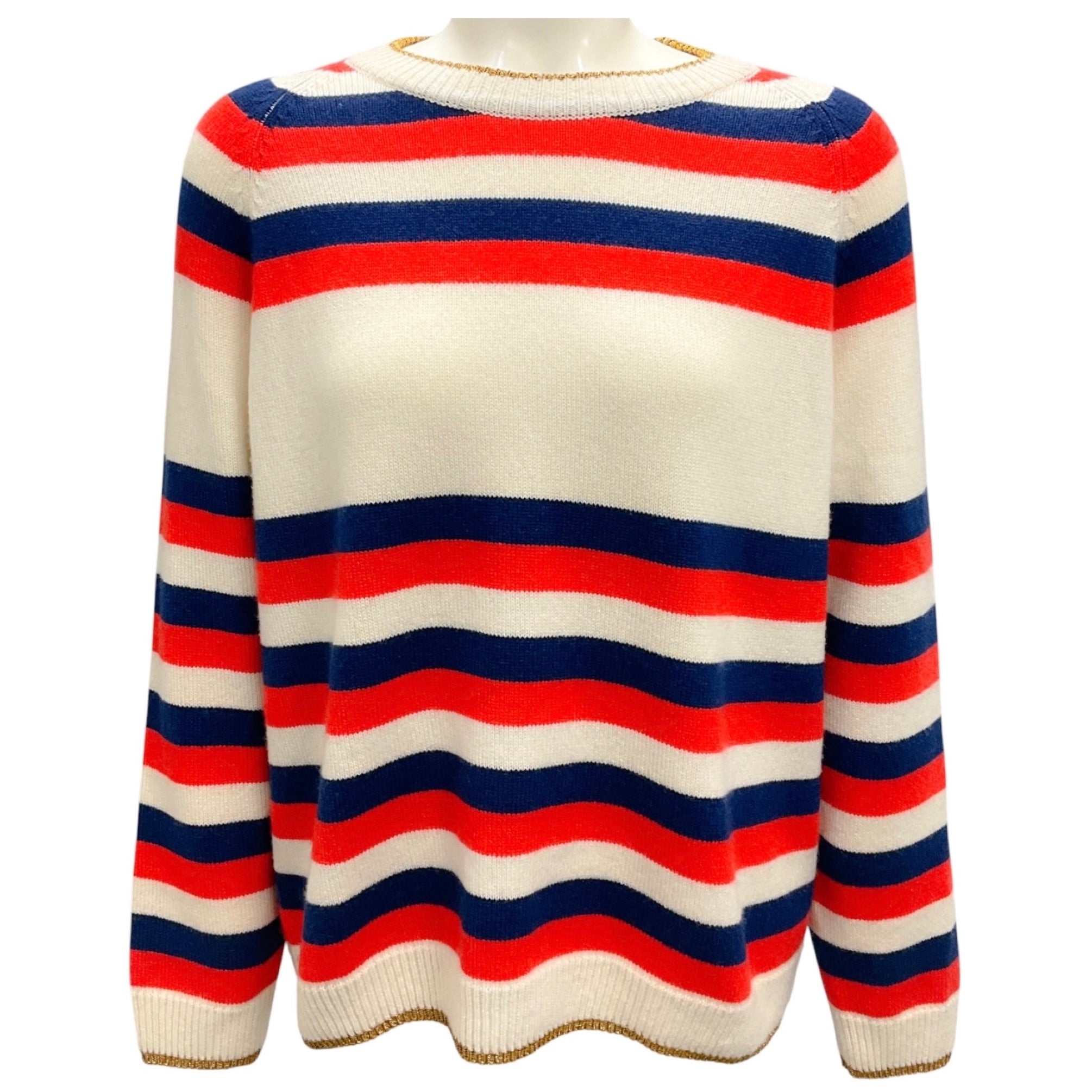 Sonia Rykiel Ivory / Red / Blue Striped Cashmere Knit Pullover Sweater