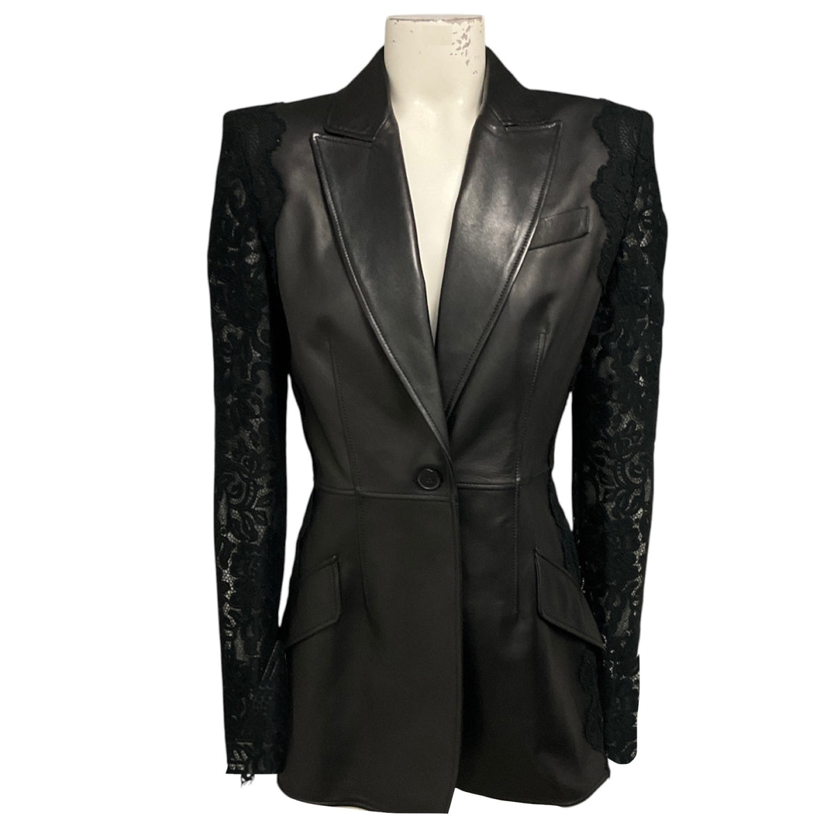 Alexander McQueen Black Lace Trimmed Lamb Leather Blazer